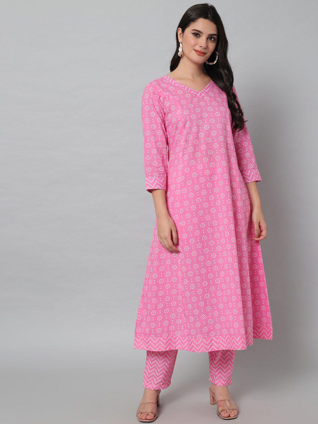 hello design women pink ethnic motifs printed pure cotton kurta with trousers