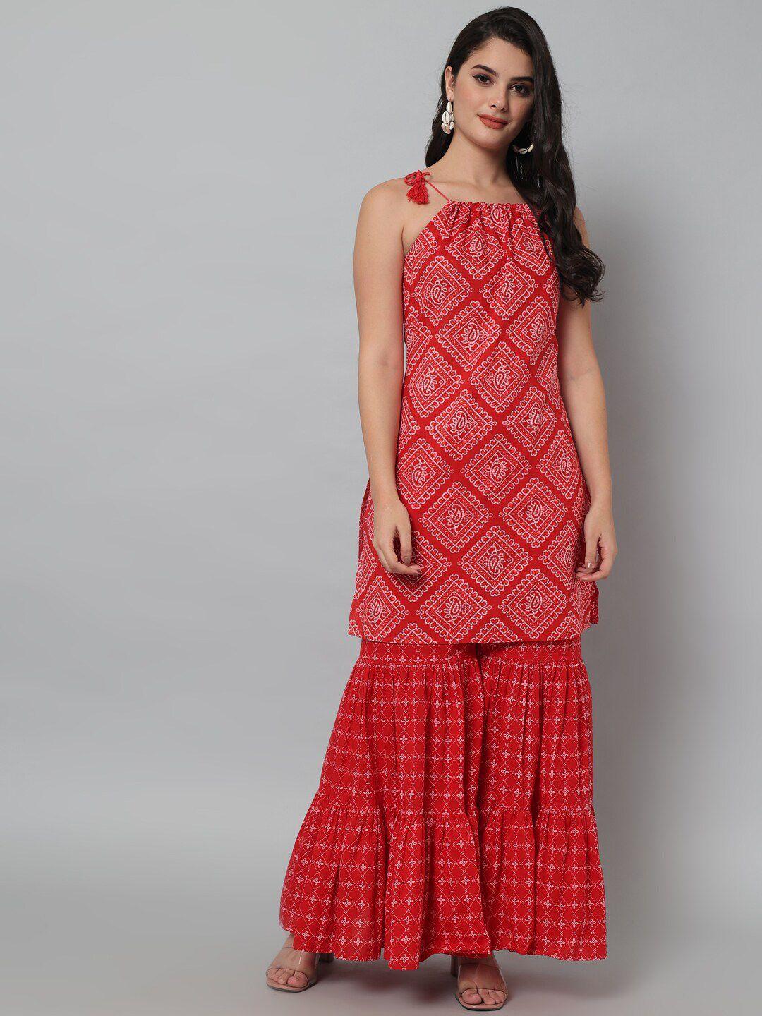 hello design women red ethnic motifs printed pure cotton kurta with sharara