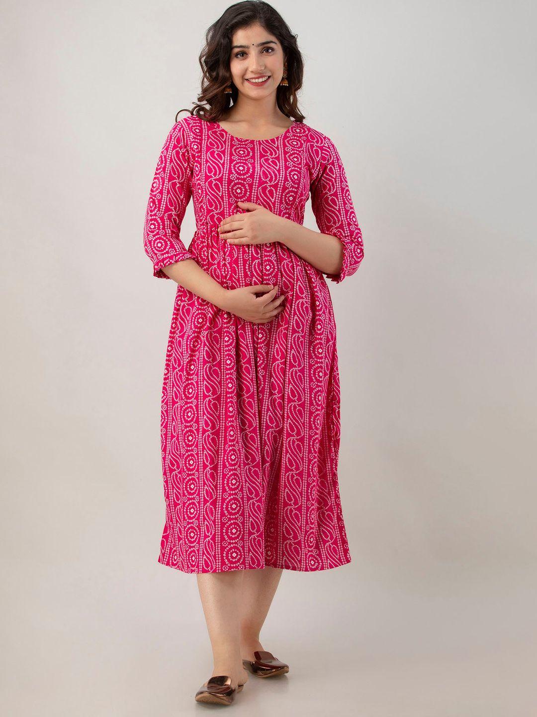 henal bandhani printed round neck maternity fit & flare midi ethnic dress