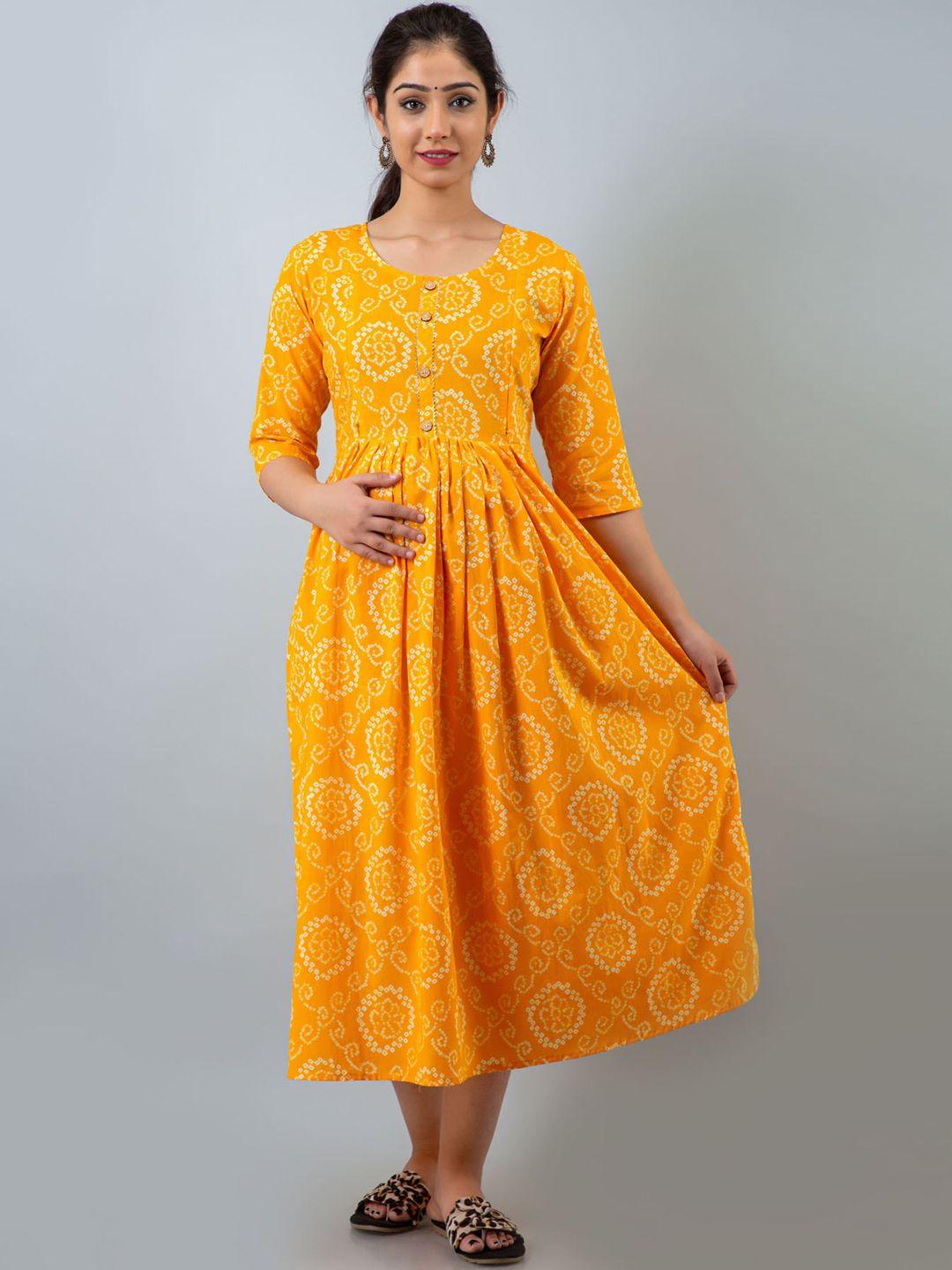 henal bandhani printed round neck maternity fit & flare midi ethnic dress