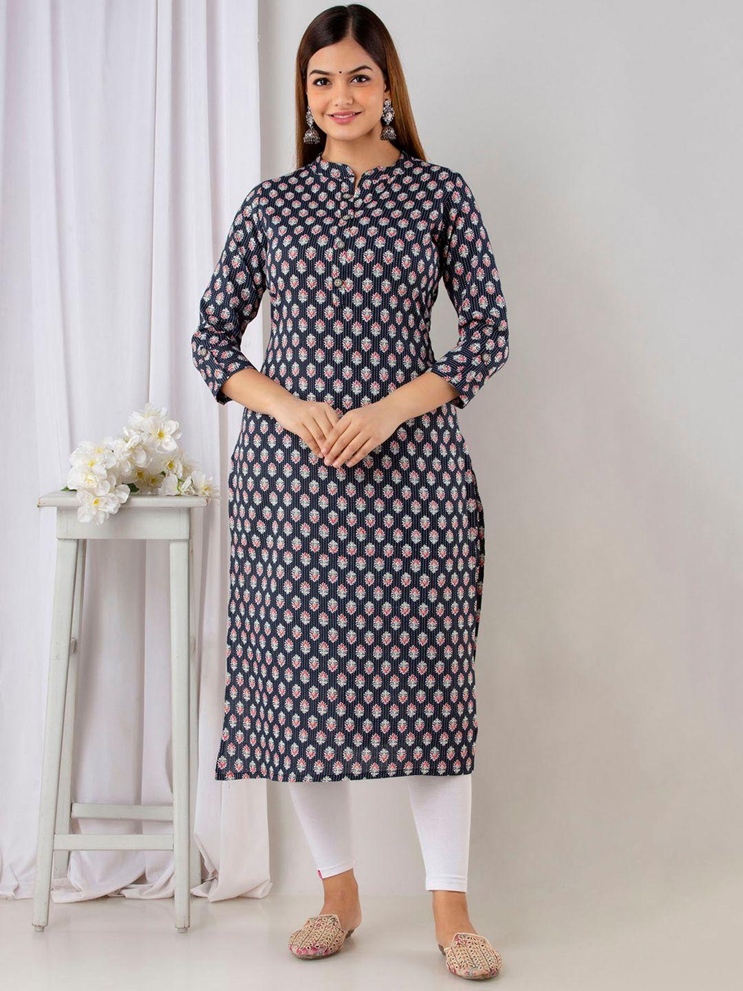 henal ethnic motifs printed mandarin collar cotton a-line kurta