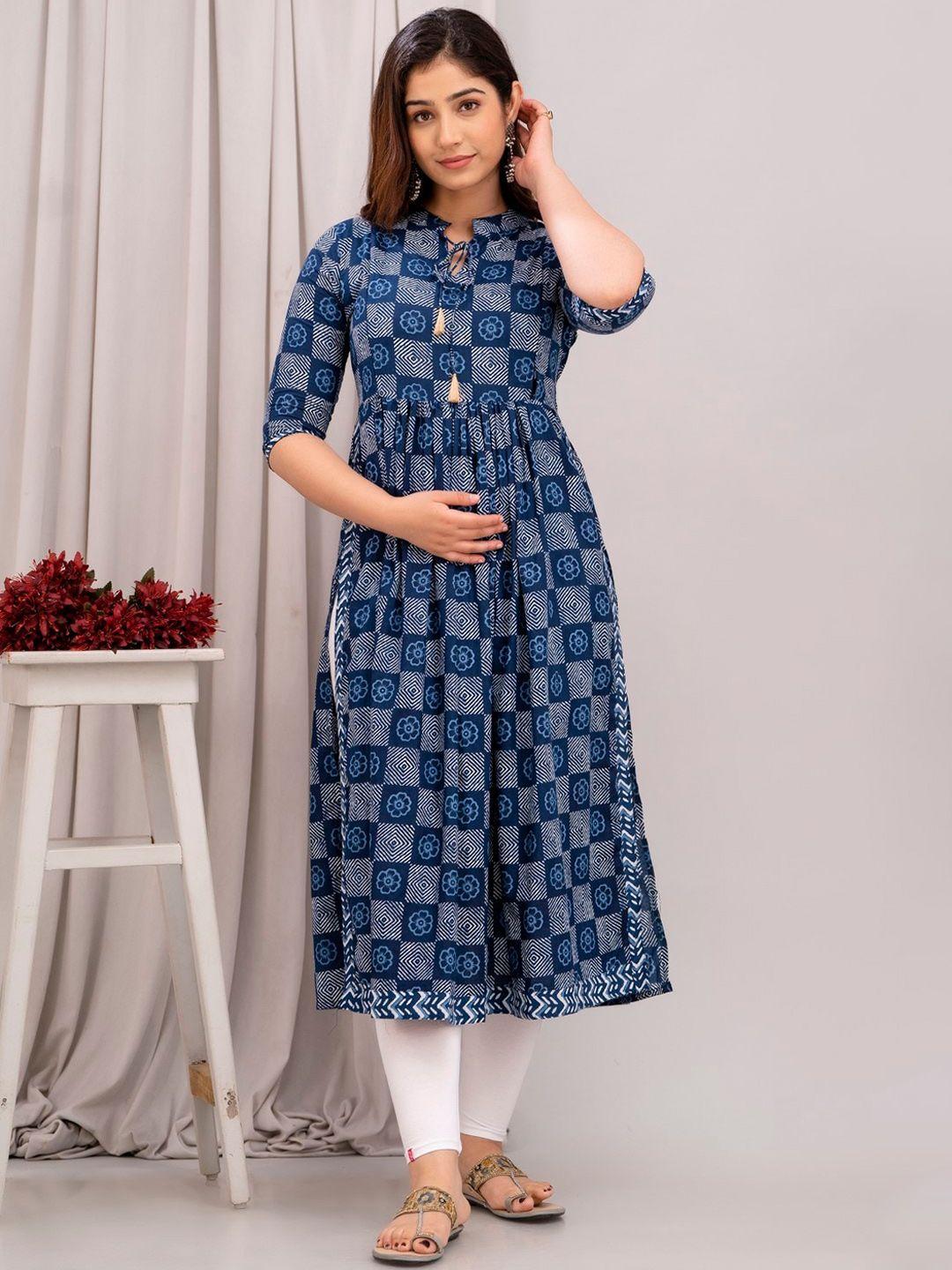 henal ethnic motifs printed tie-up neck cotton maternity anarkali kurta