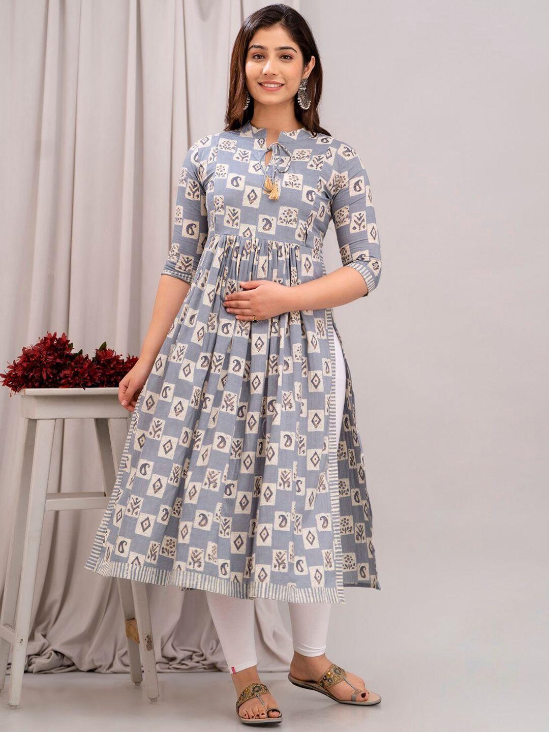 henal ethnic motifs printed tie-up neck high slit a-line maternity cotton kurta