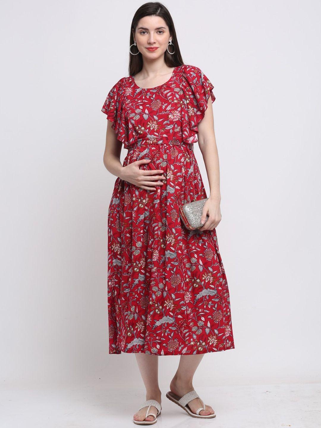 henal floral printed flared sleeves cotton maternity fit and flare ethnic dresses