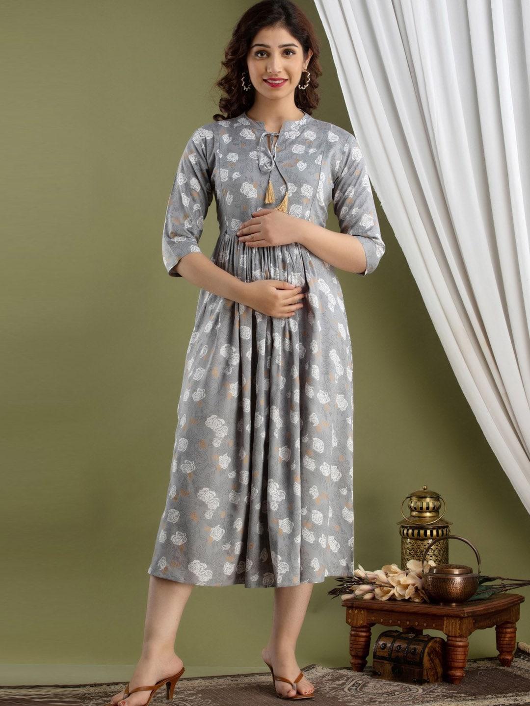 henal floral printed tie-up neck cotton maternity fit and flare ethnic dresses