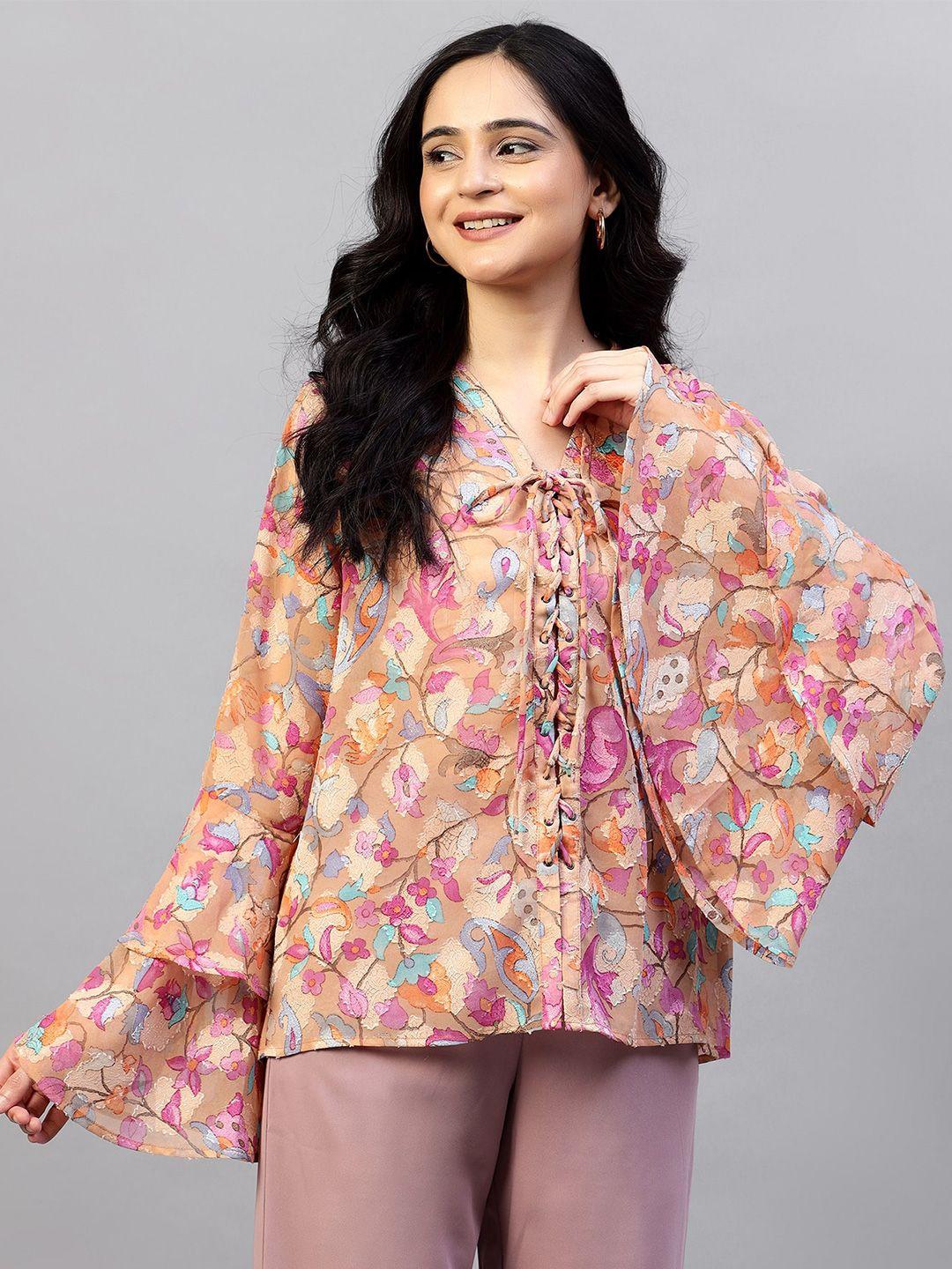 hencemade floral printed tie-up neck bell sleeves georgette shirt style top