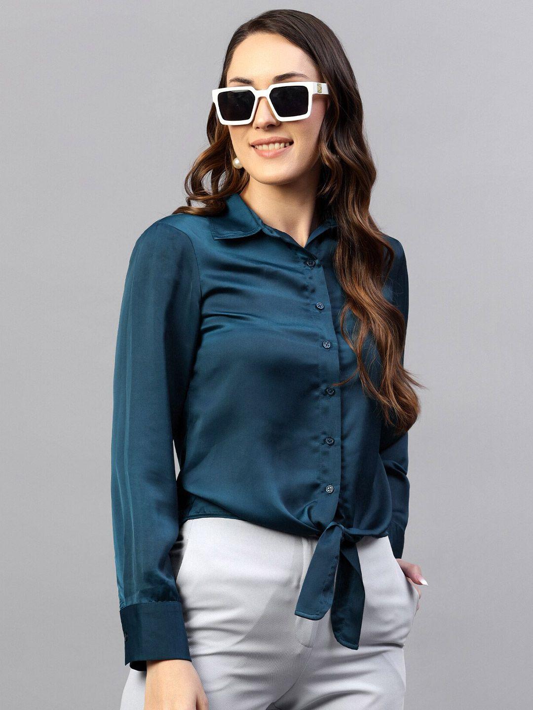 hencemade cuffed sleeve waist tie-up shirt style satin top