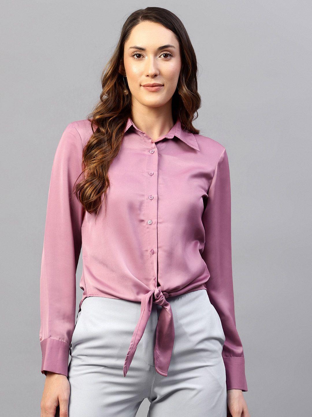 hencemade cuffed sleeve waist tie-up shirt style satin top