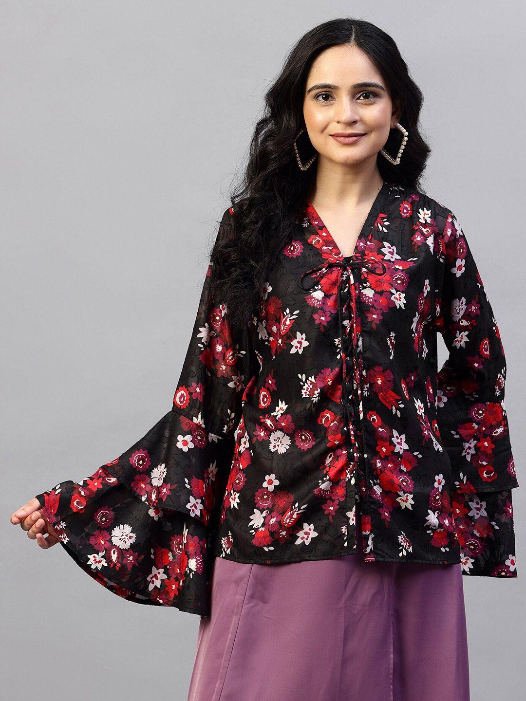 hencemade floral printed tie-up neck bell sleeves georgette shirt style top