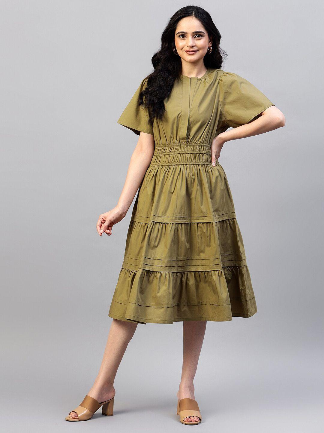 hencemade puff sleeves smocked detailed tiered cotton fit & flare midi dress