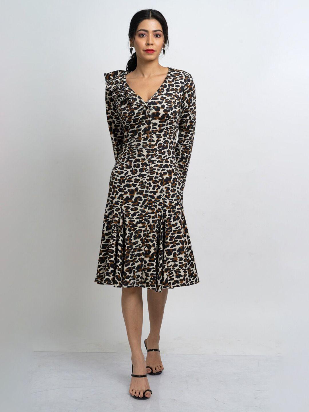 hencemade white & brown animal printed a-line midi dress