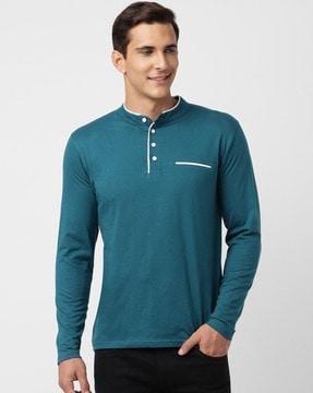 henley-collar t-shirt with welt pocket
