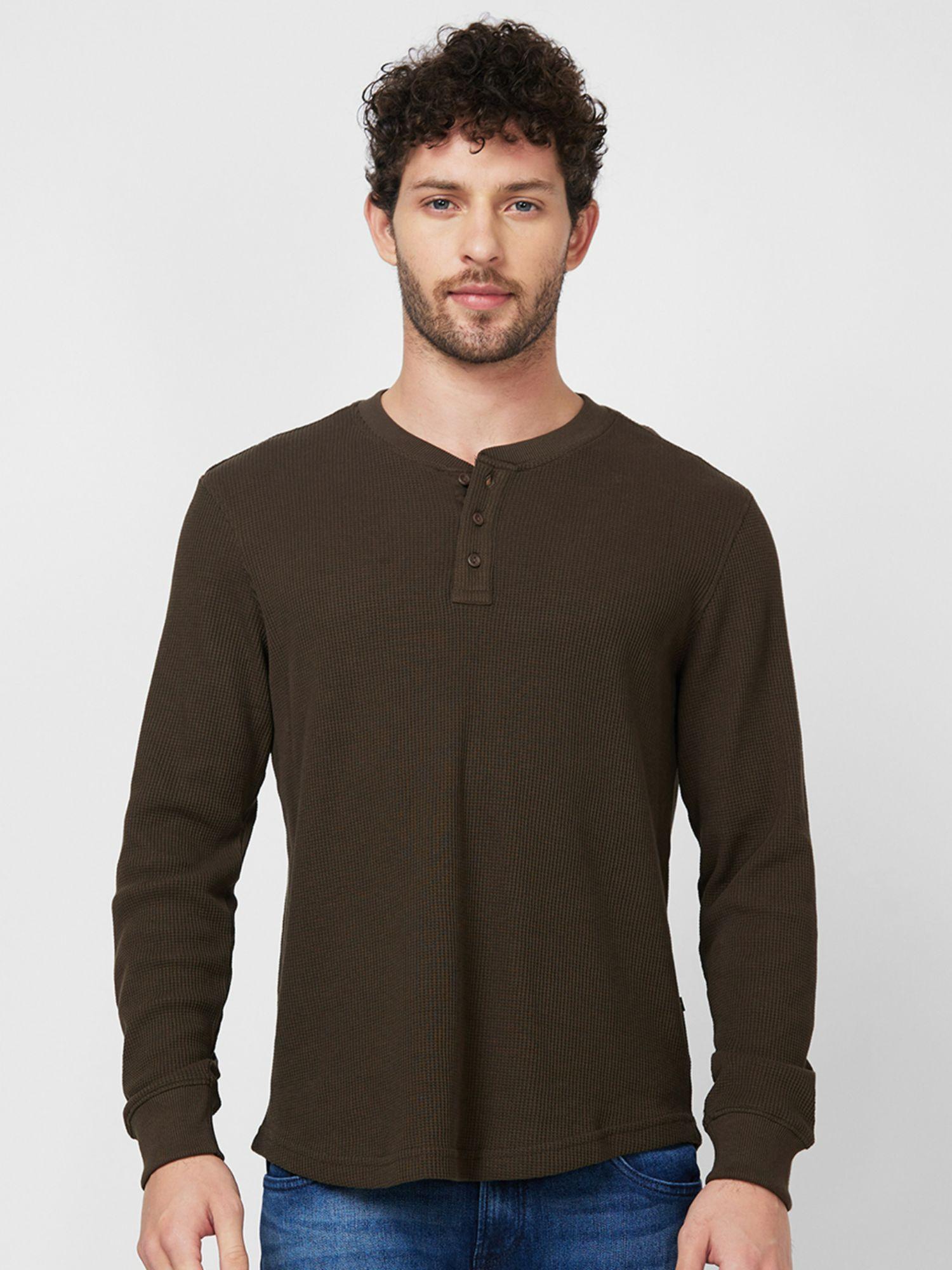 henley neck full sleeve brown solid t-shirt