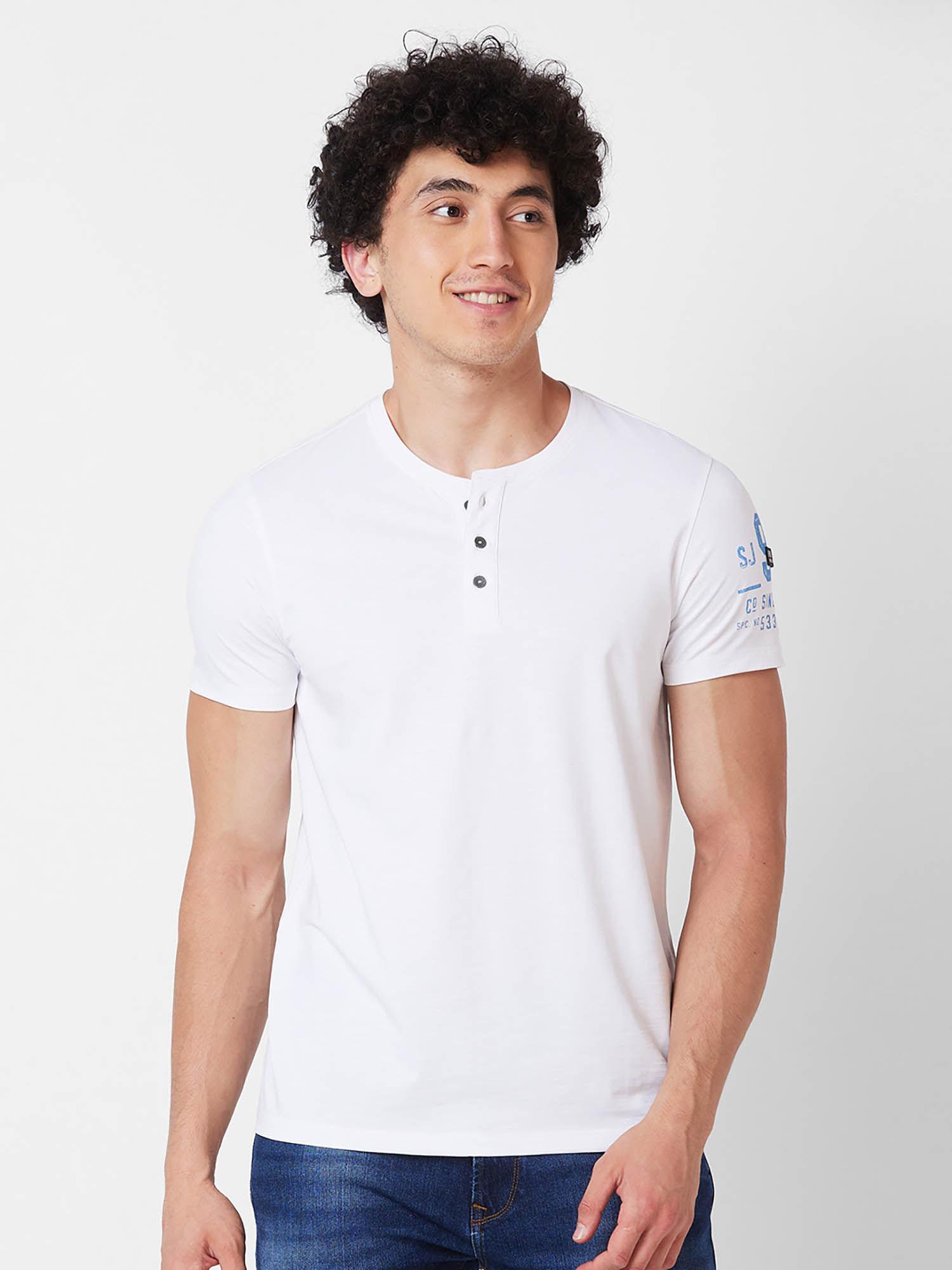 henley neck half sleeves white t-shirt for men