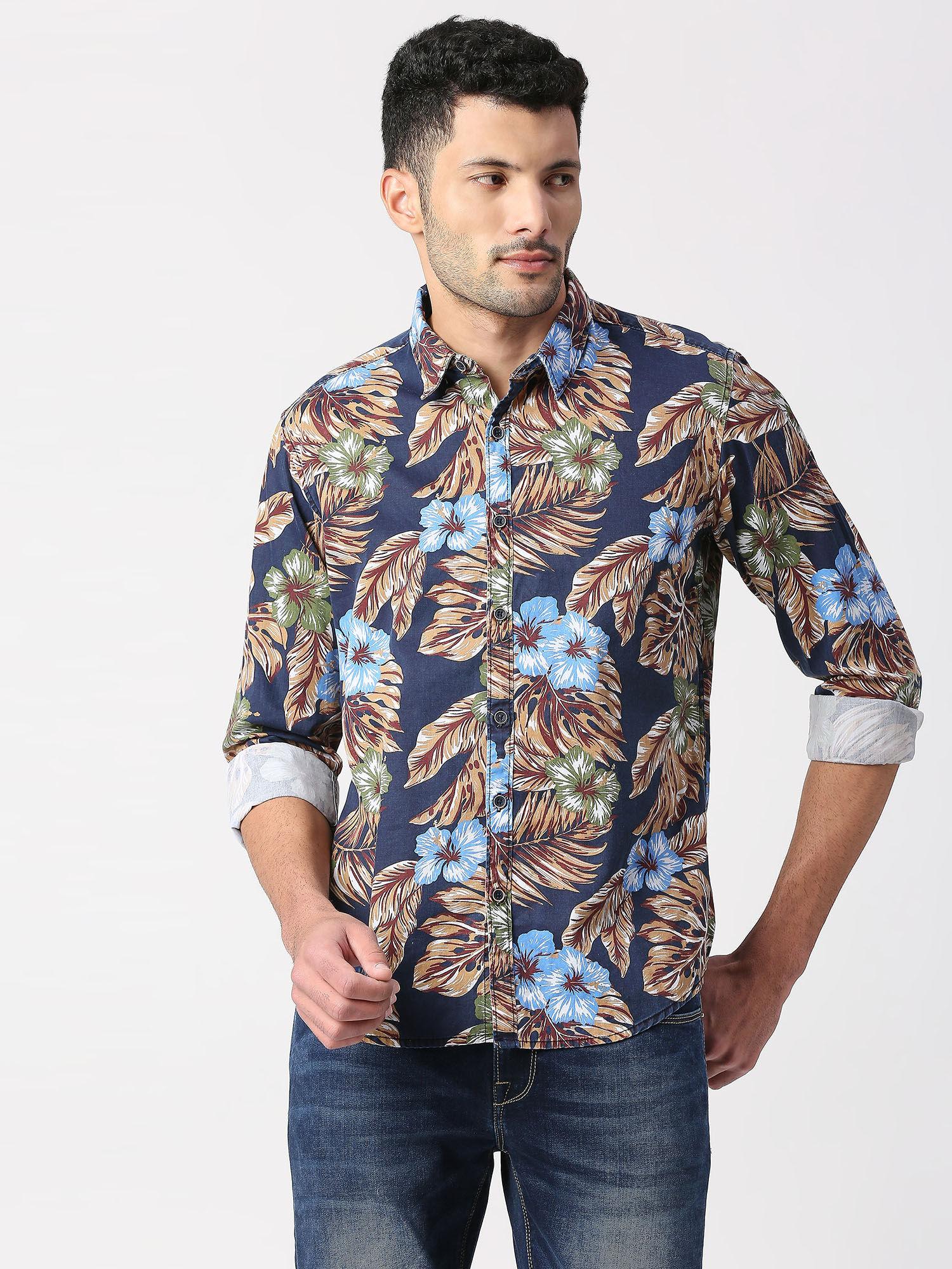 henri full sleeves washed indigo aop casual shirt