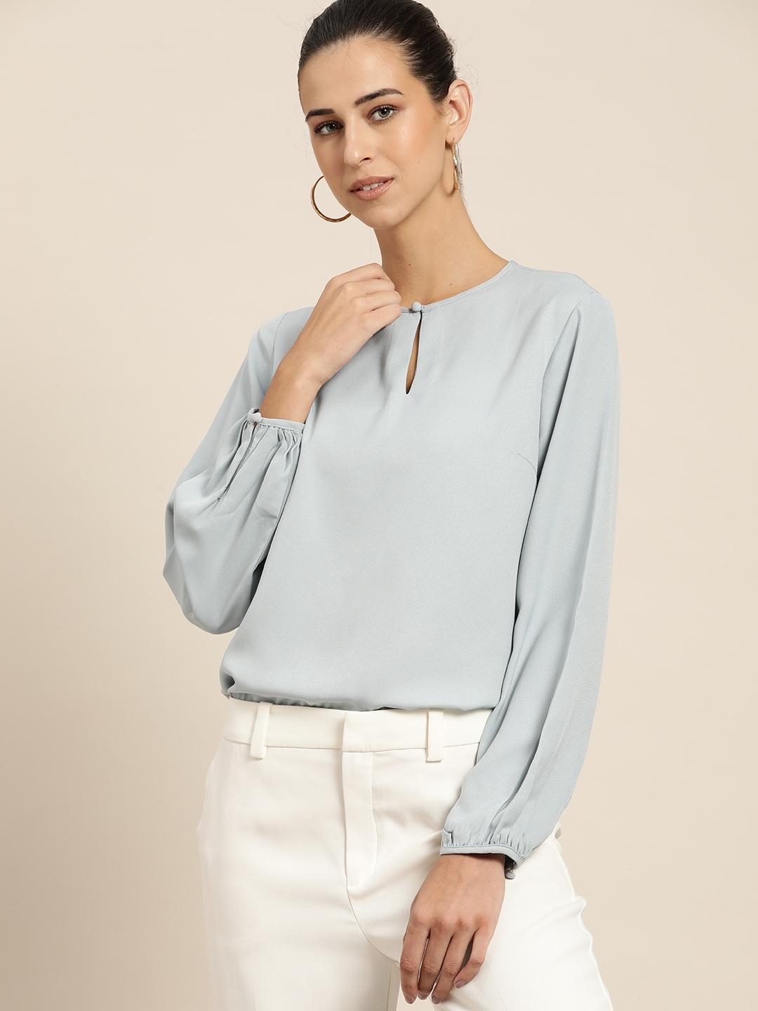 her by invictus blue solid keyhole neck regular top