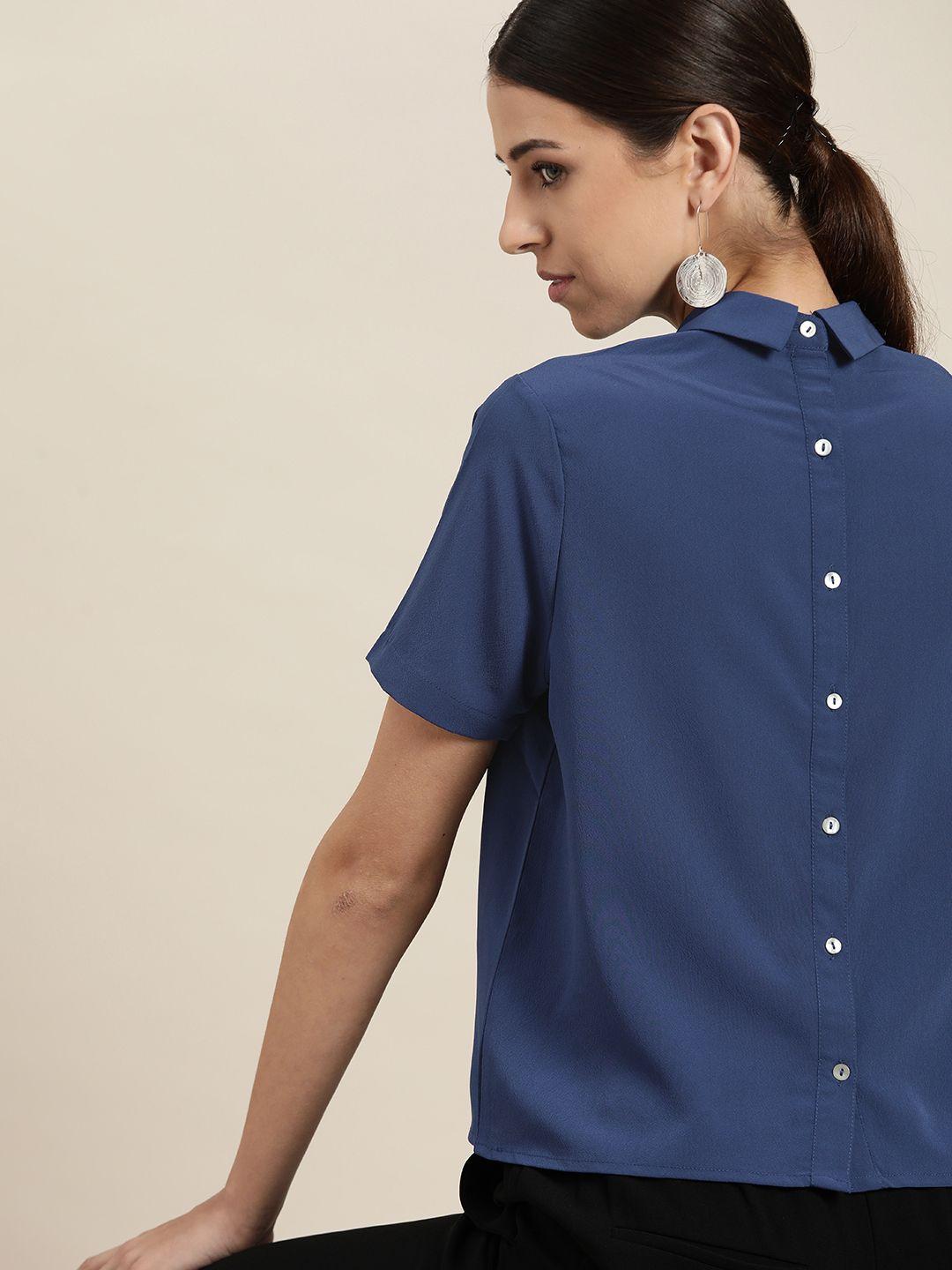 her by invictus navy blue solid styled back top