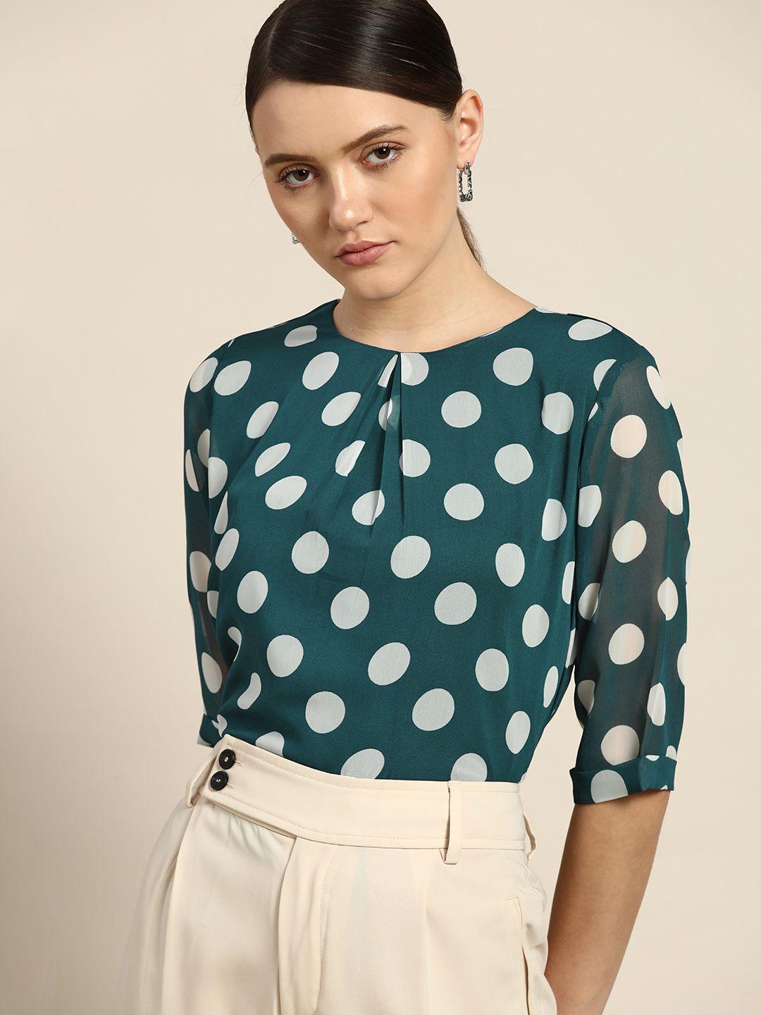 her by invictus teal green & white polka dots print pleated top