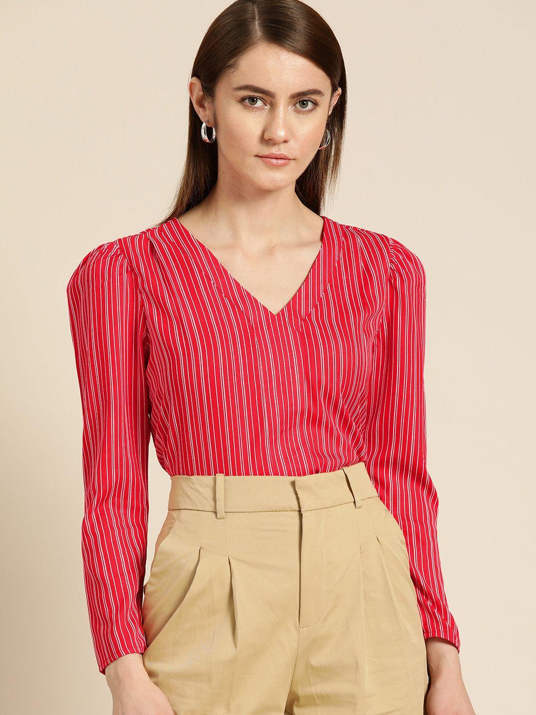 her by invictus v-neck striped puff sleeves top