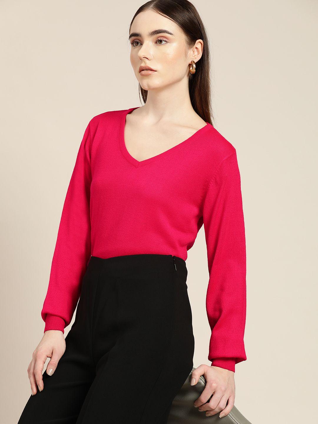 her by invictus women magenta solid acrylic v-neck pullover