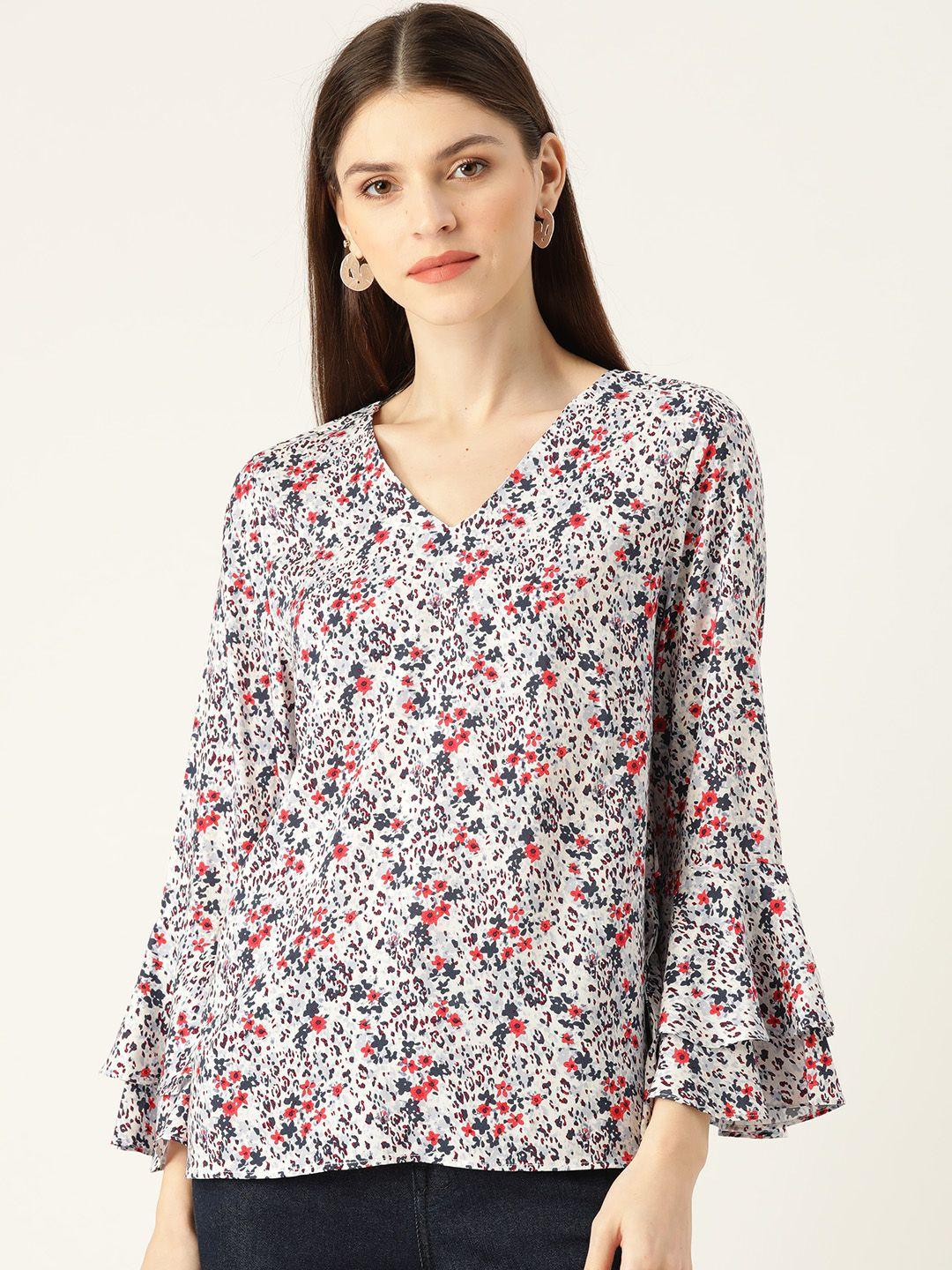 her by invictus women off-white & charcoal grey floral printed bell sleeves top