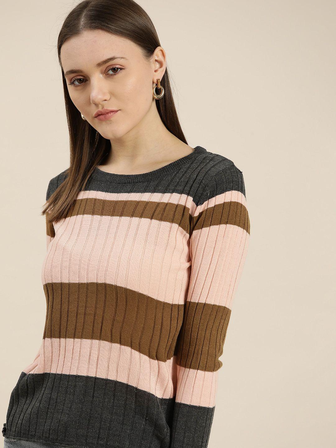 her by invictus women peach-coloured & olive brown striped pullover