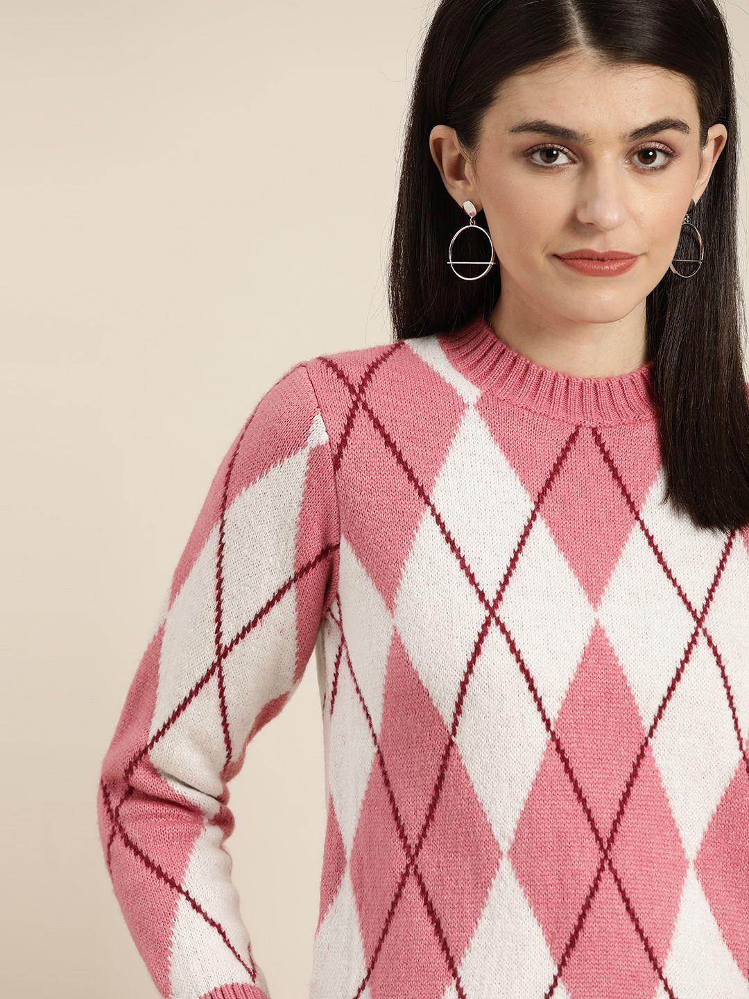her by invictus women pink & white argyle pattern pullover sweater