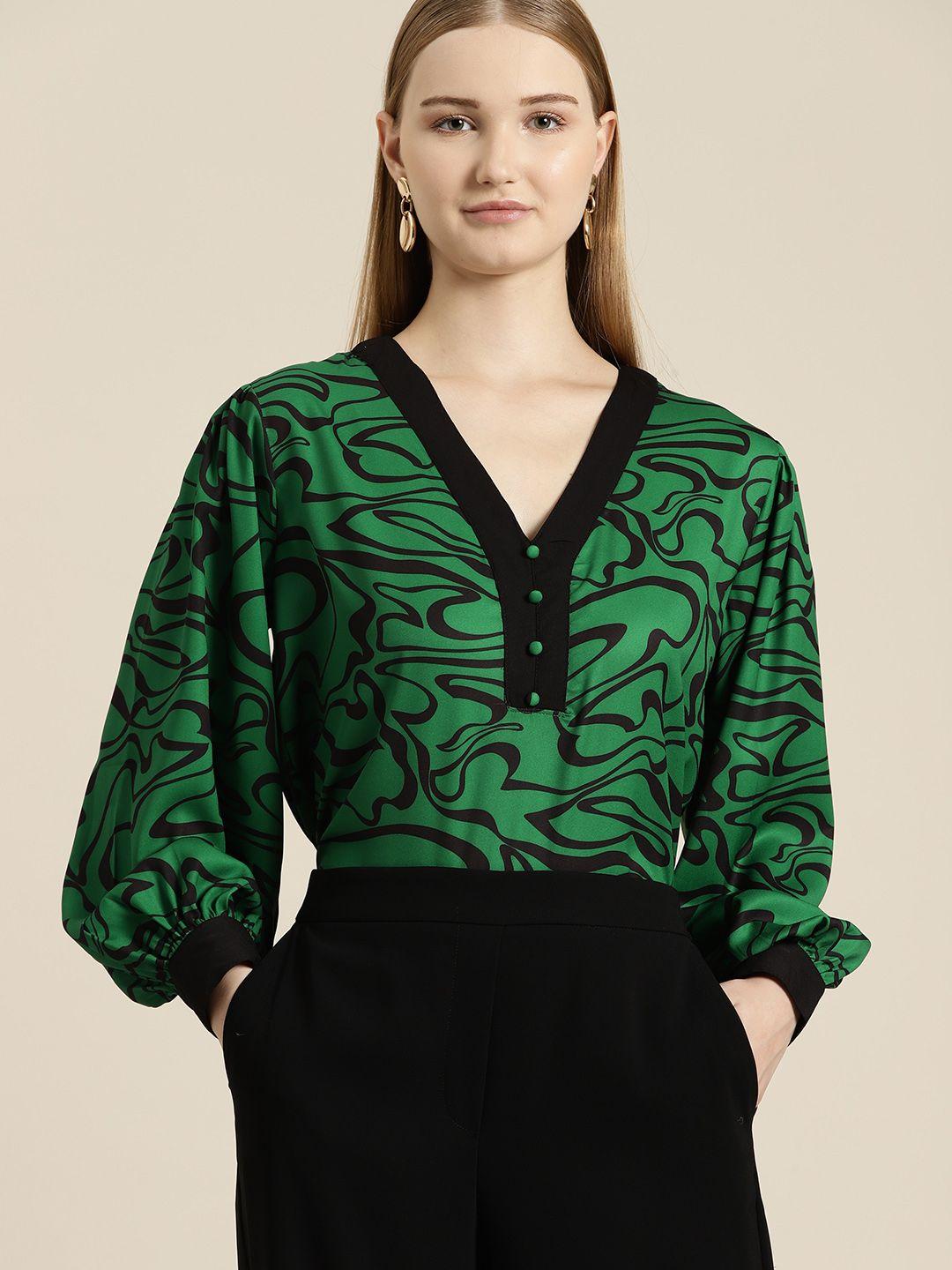her by invictus abstract printed cuffed sleeves top with button detail