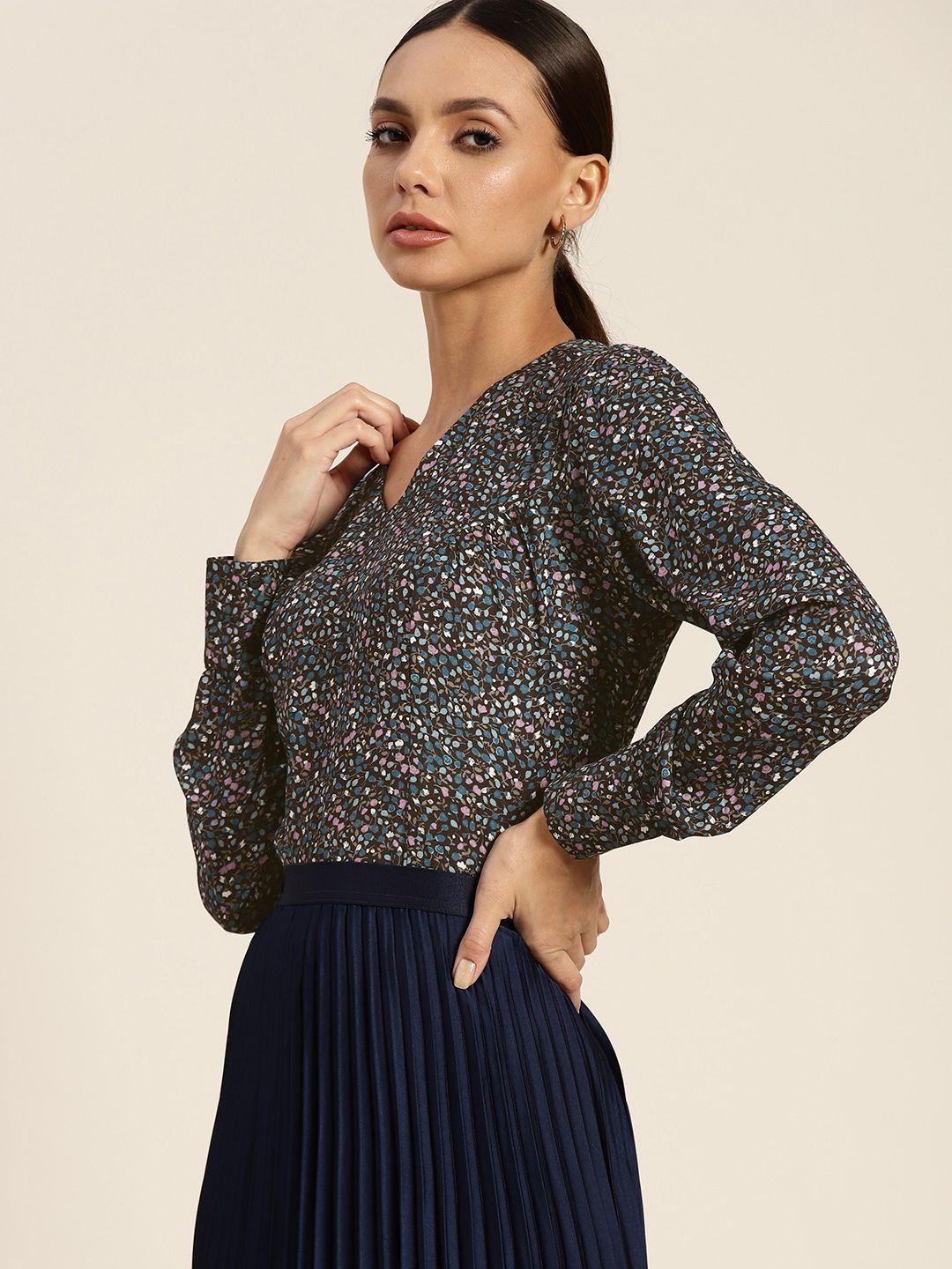 her by invictus black & blue floral print shirt style top
