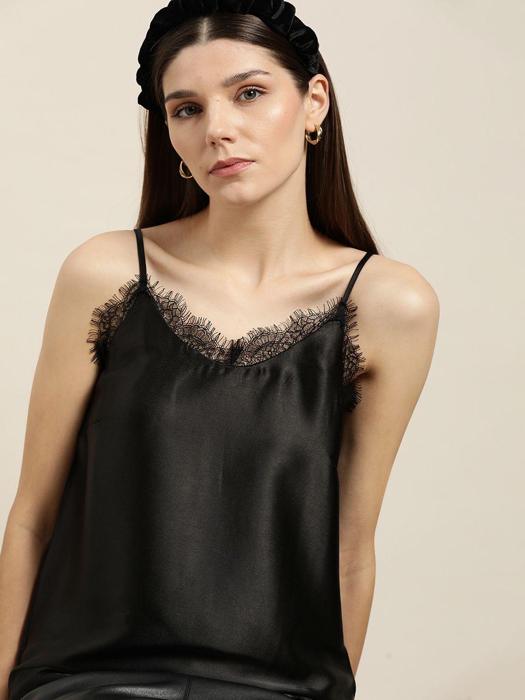her by invictus black solid satin finish lace regular top