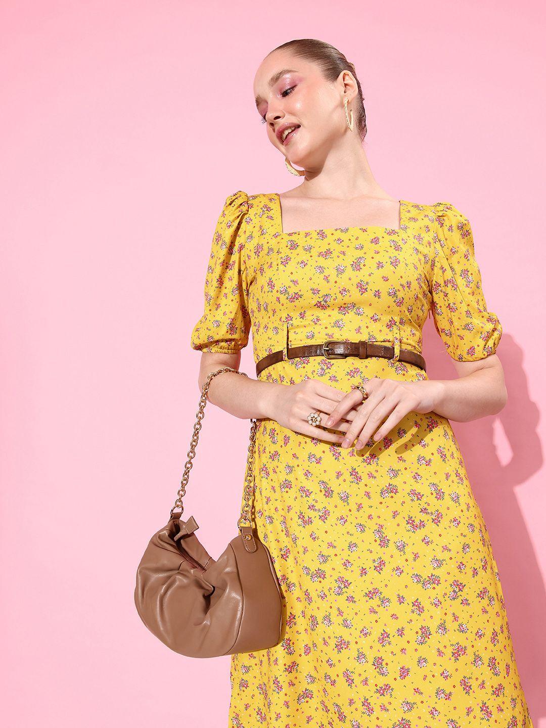 her by invictus bright yellow once upon a sleeve floral print puff sleeve a-line dress