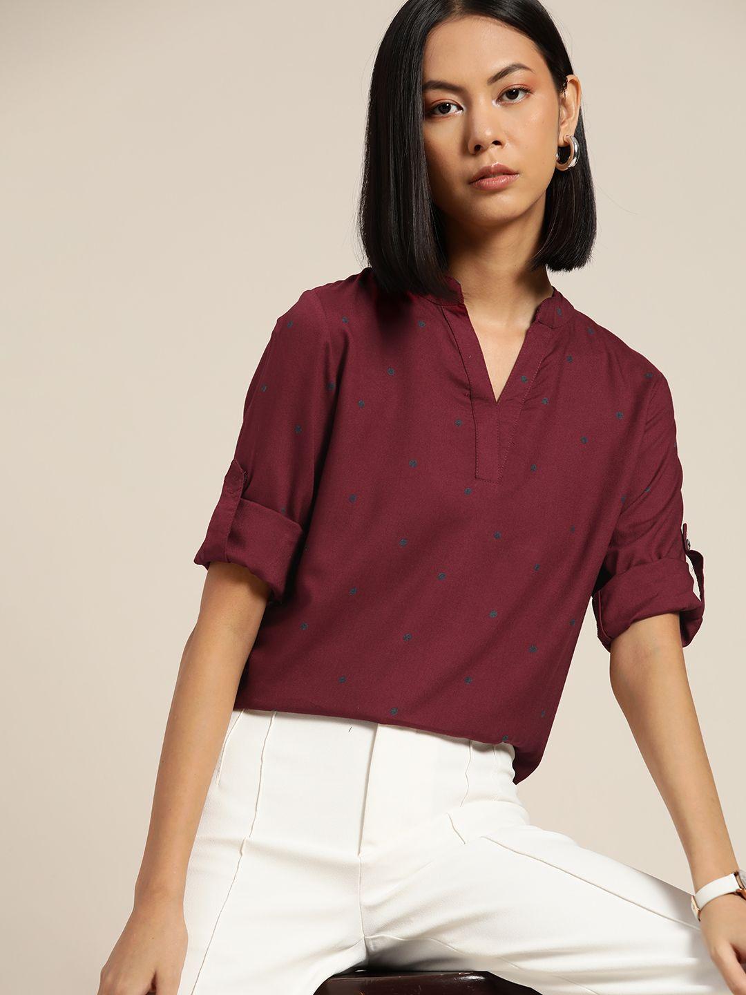 her by invictus burgundy & grey print mandarin collar roll-up sleeves top