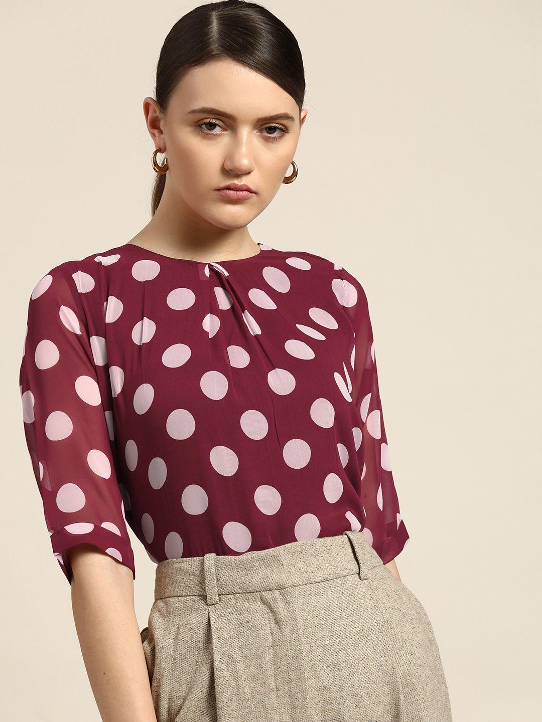 her by invictus burgundy & white polka dots print pleated top