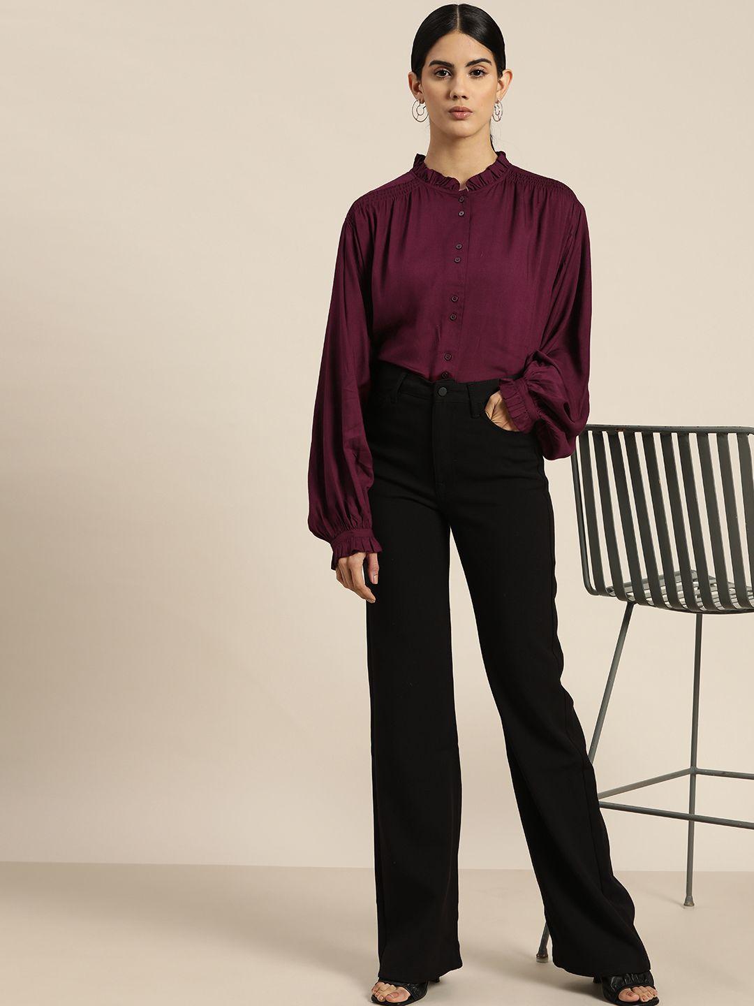 her by invictus burgundy mandarin collar shirt style top