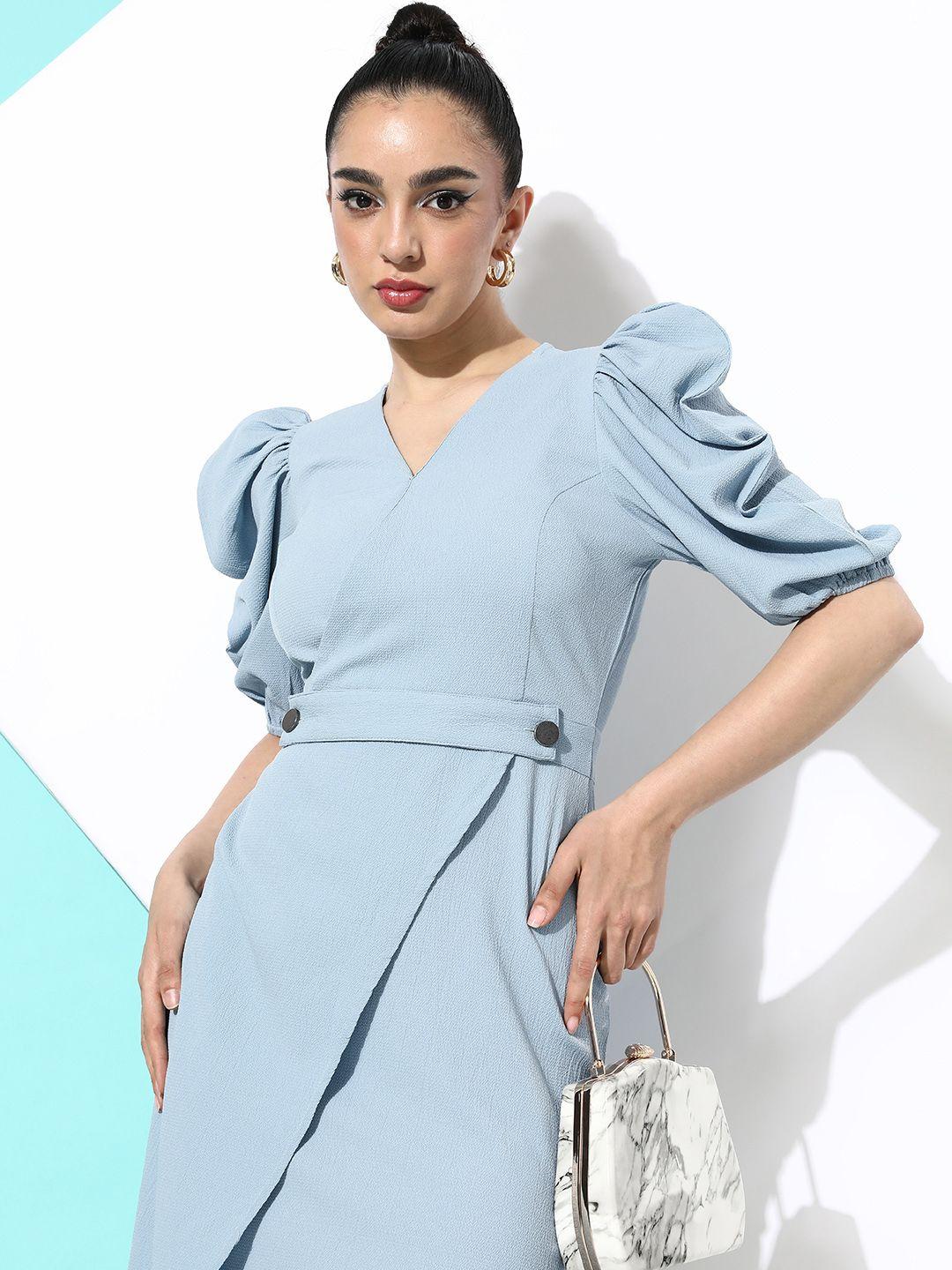 her by invictus cool blue solid belted once upon a sleeve dress