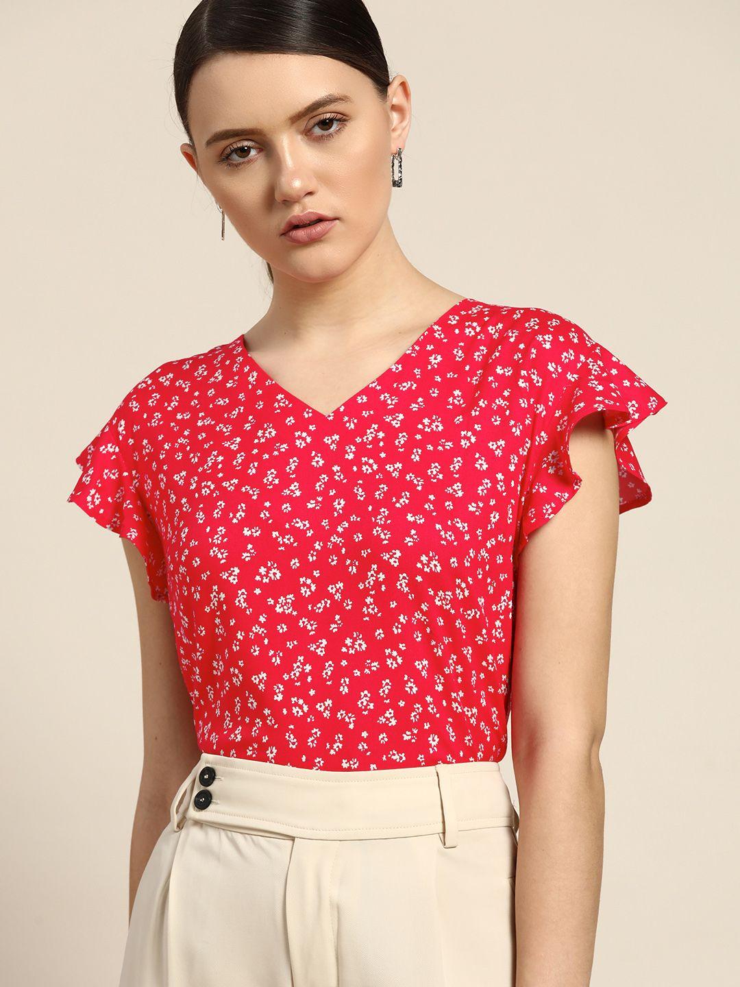 her by invictus coral red & white floral print flutter sleeves top