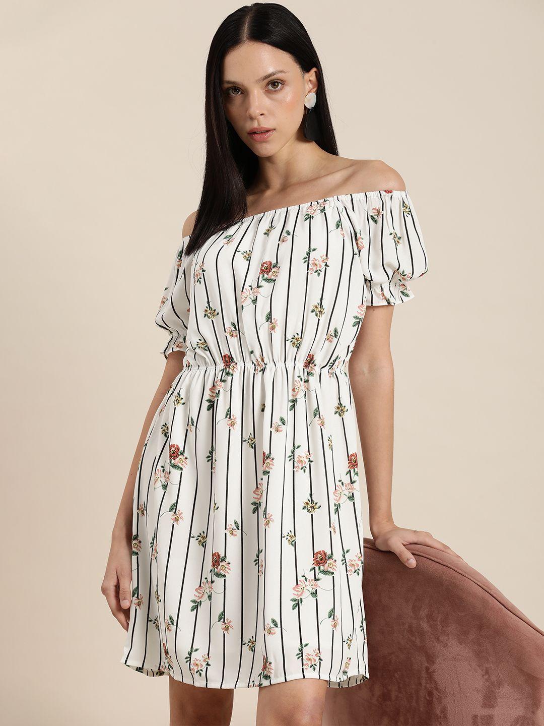 her by invictus floral printed puff sleeve a-line off-shoulder gathered dress