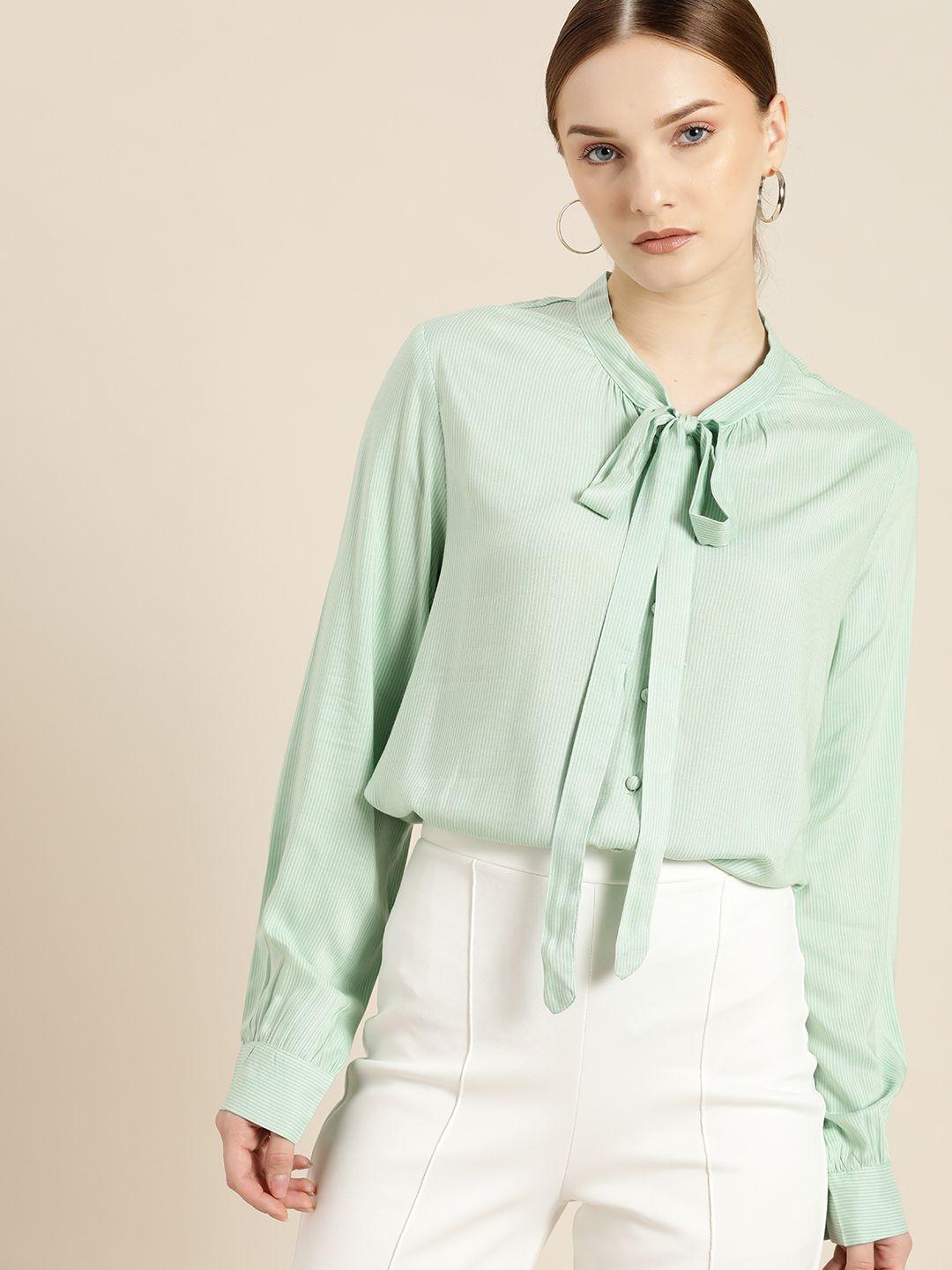 her by invictus green & white striped tie-up neck shirt style top
