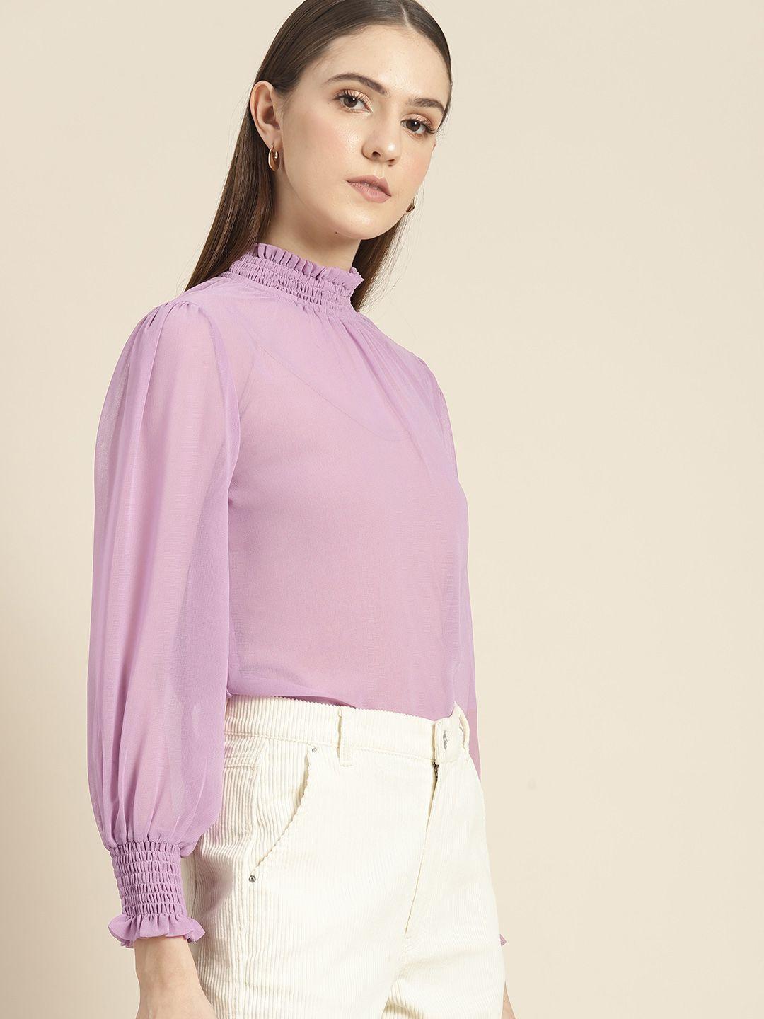 her by invictus high-neck puff sleeves sheer top