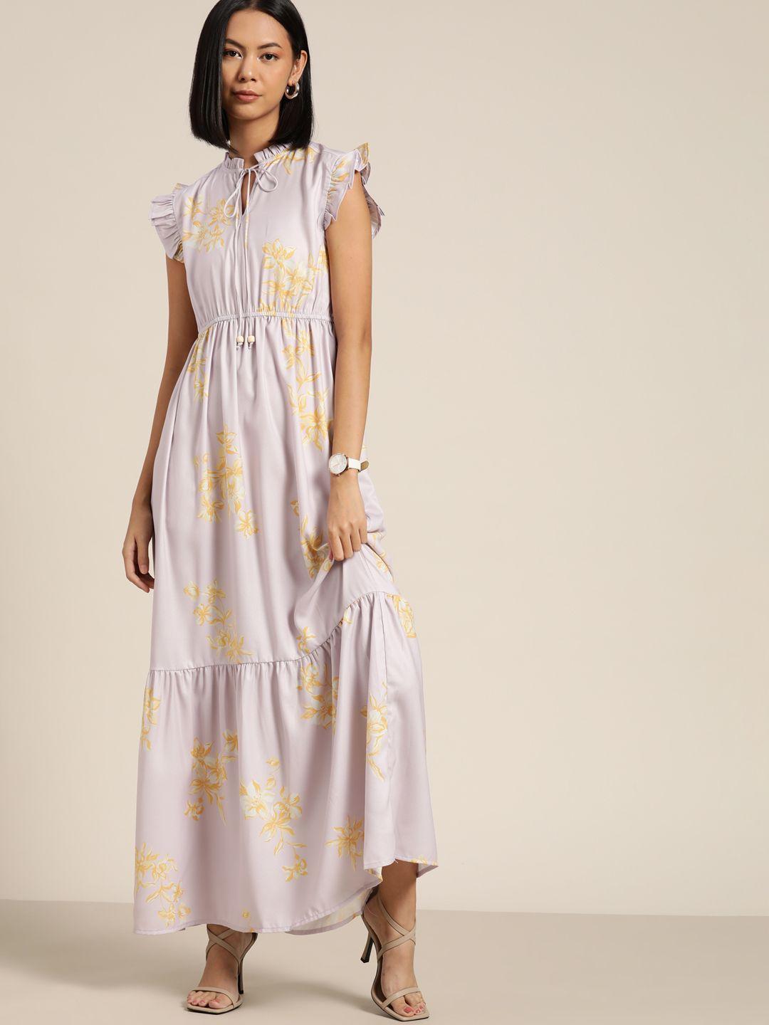 her by invictus lavender & yellow floral print tie-up neck tiered maxi dress