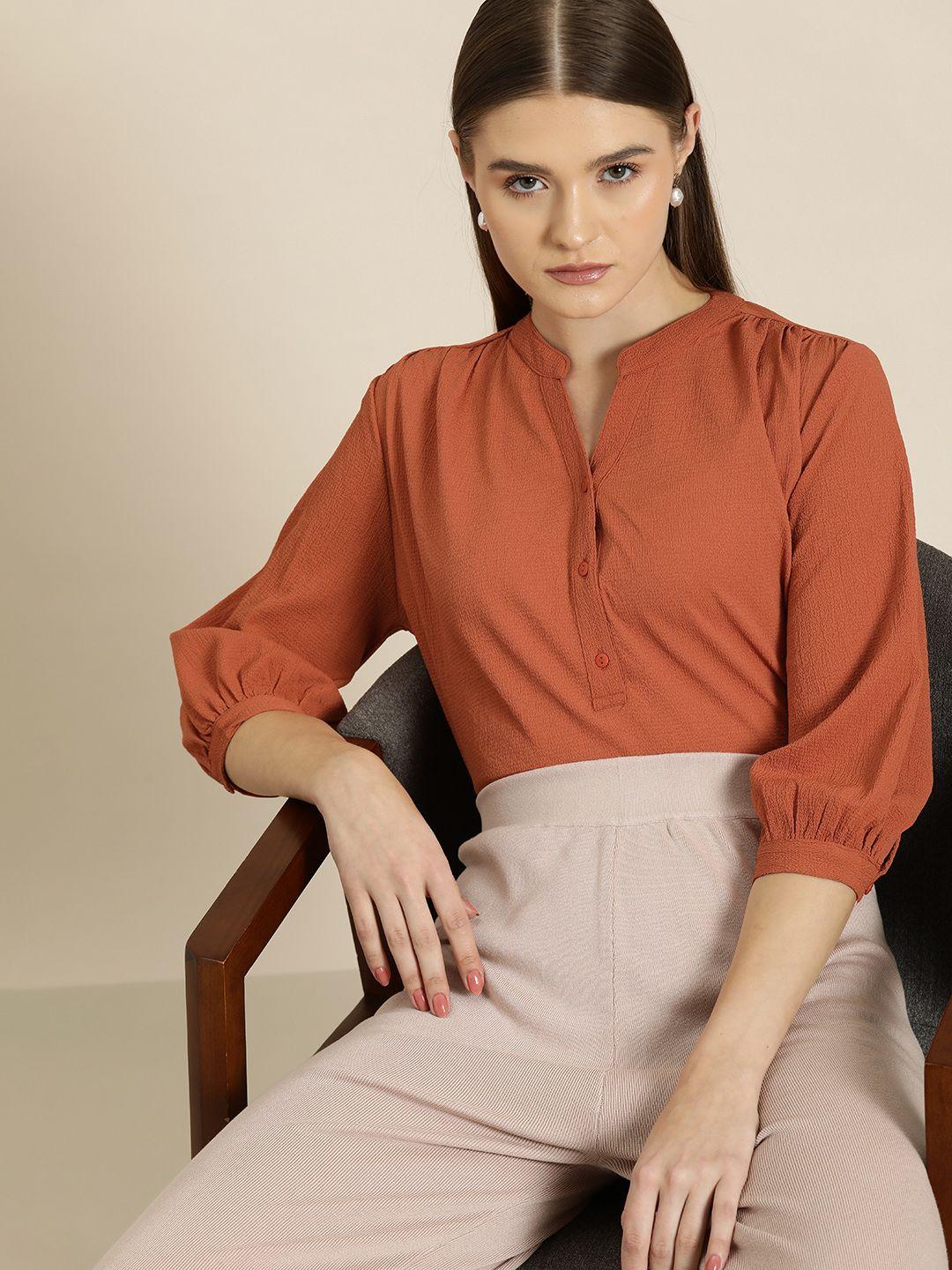 her by invictus mandarin collar puff sleeves shirt style top