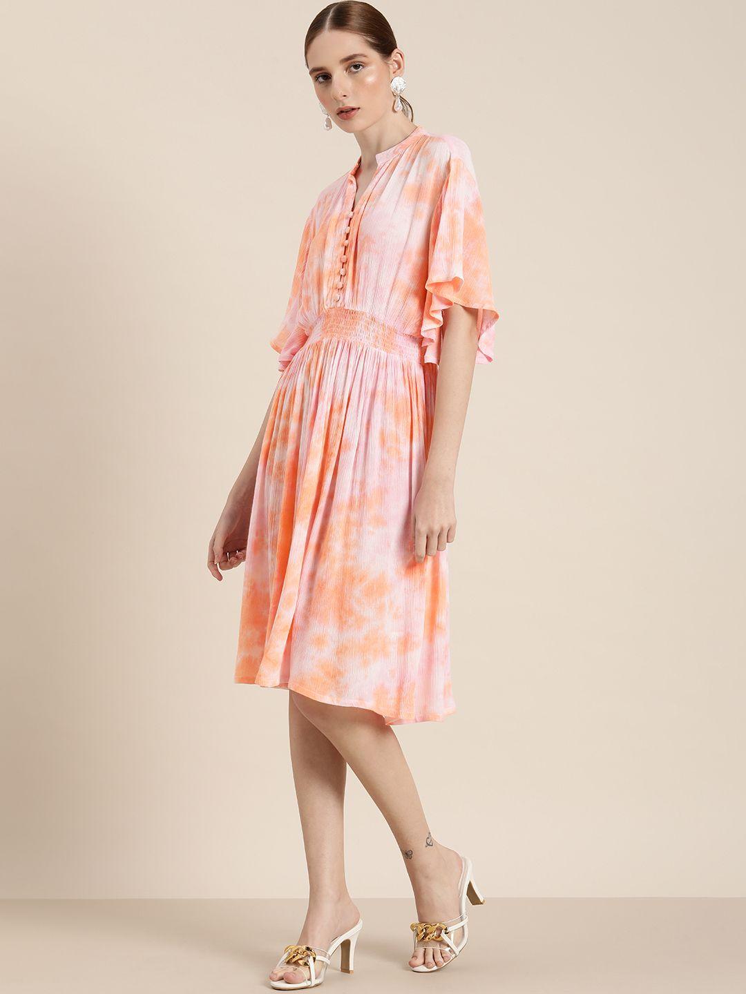 her by invictus mandarin collar tie and dye a-line flared sleeve dress