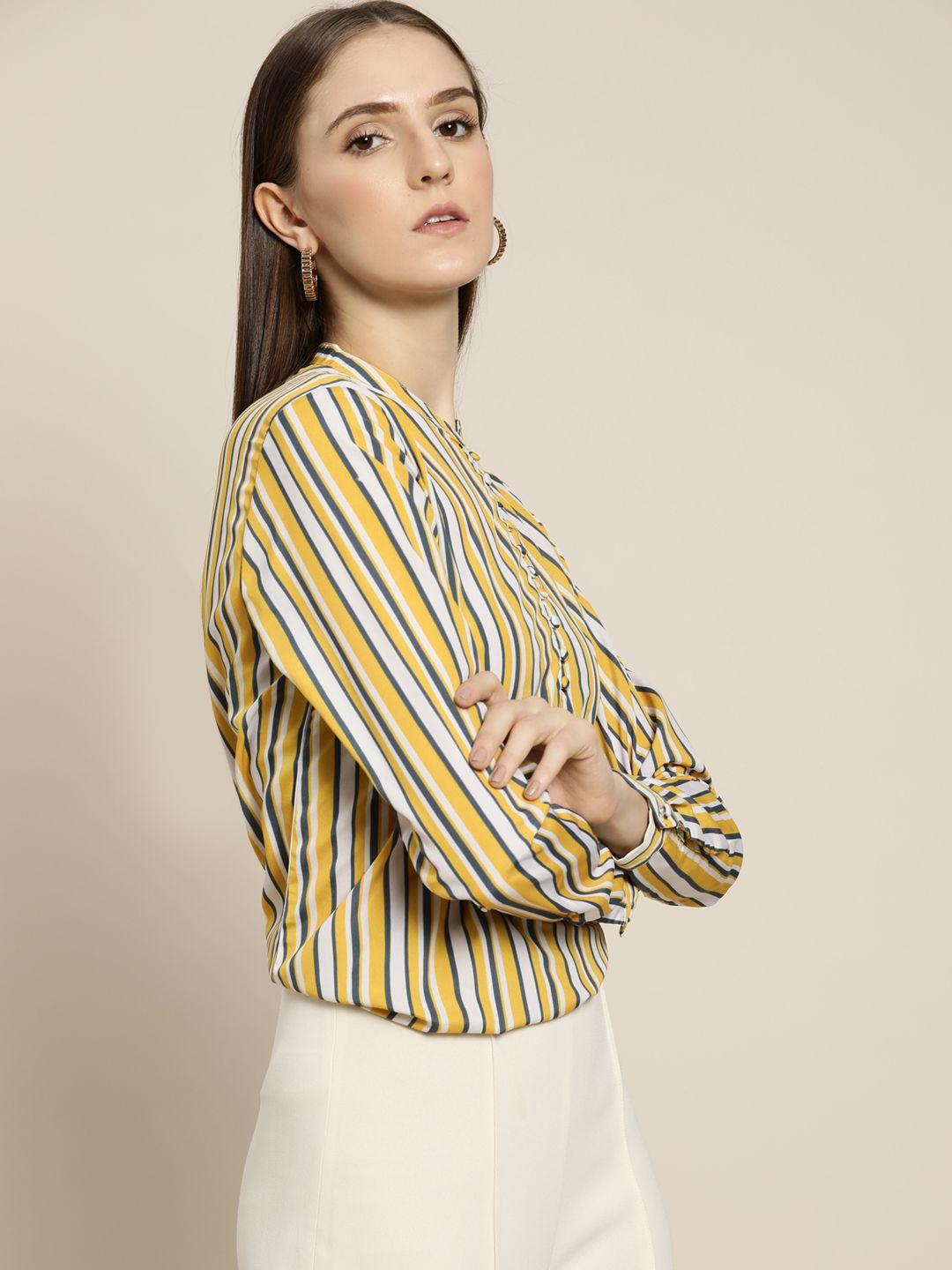 her by invictus mustard yellow & white striped mandarin collar shirt style top