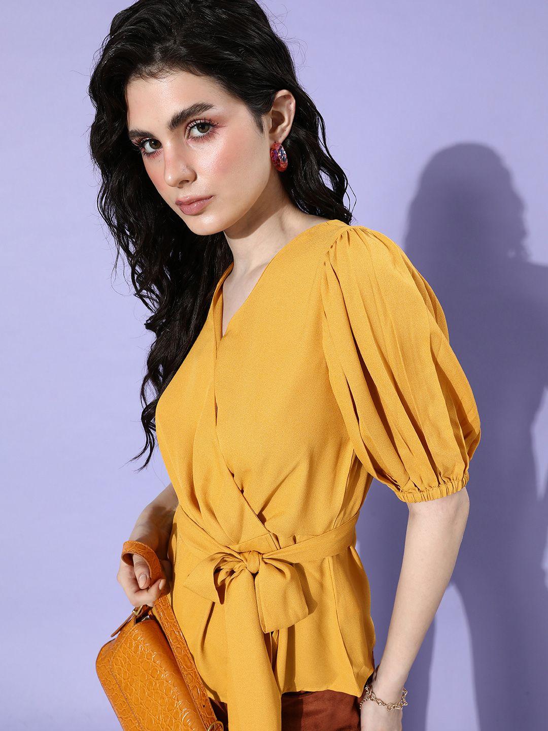 her by invictus mustard yellow once upon a sleeve wrap top with waist tie-ups