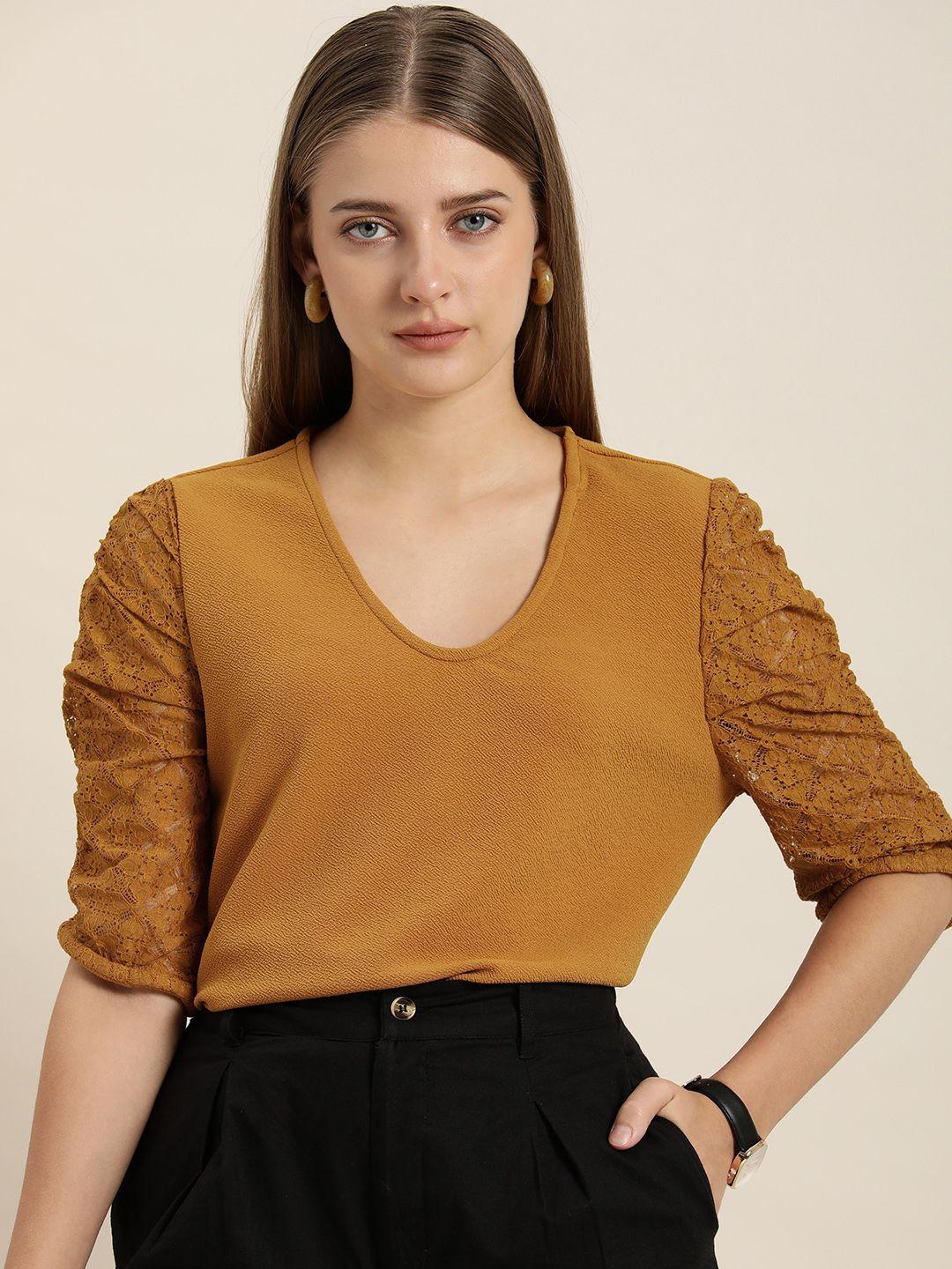 her by invictus mustard yellow puffed lace sleeves top