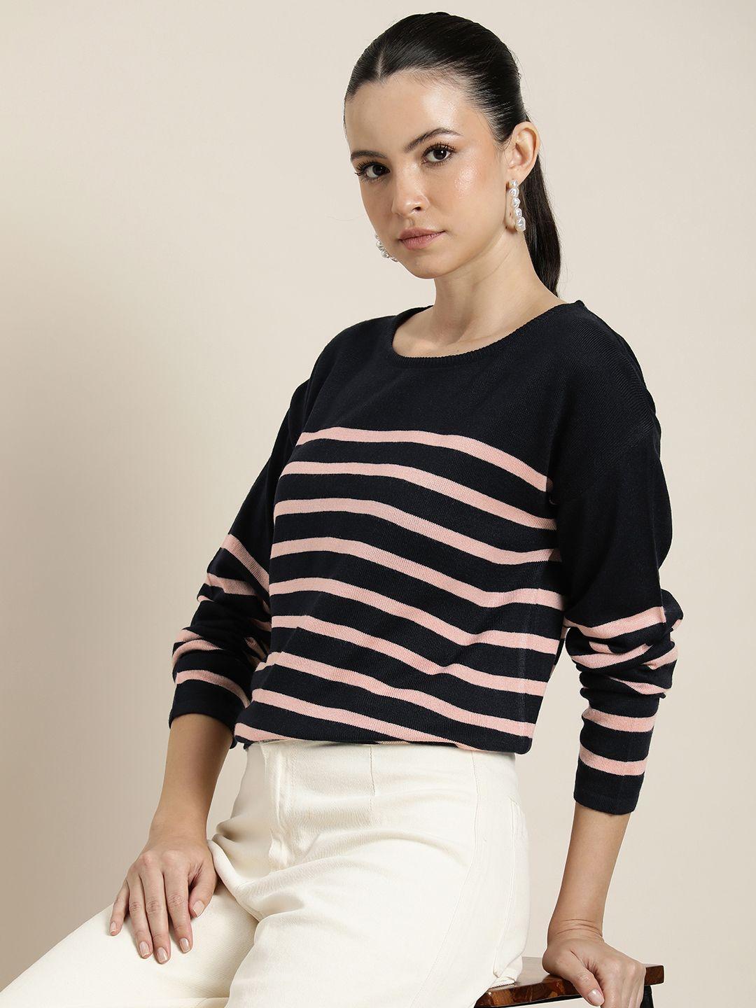 her by invictus navy blue & peach-coloured striped top