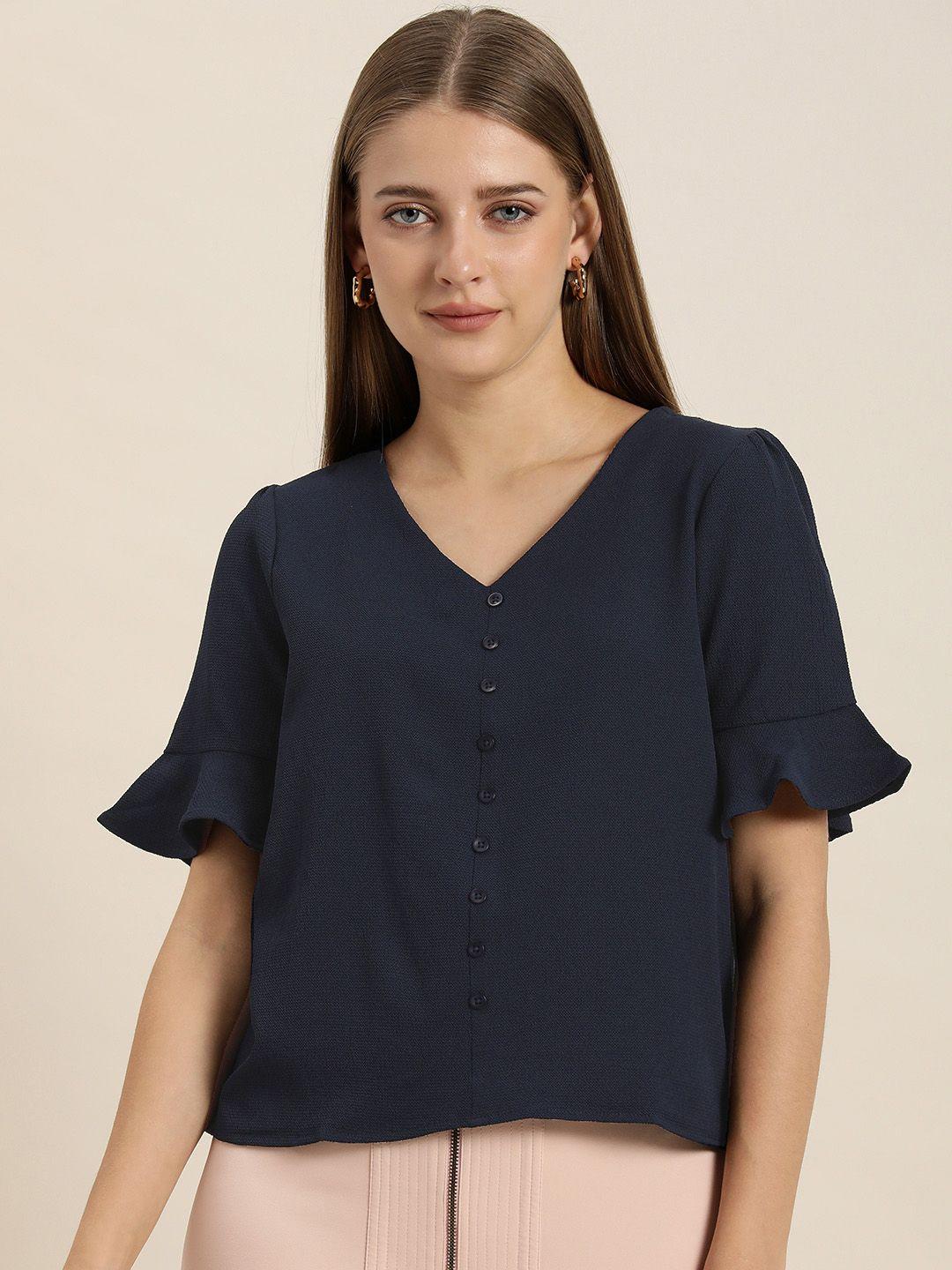 her by invictus navy blue bell sleeves shirt style top