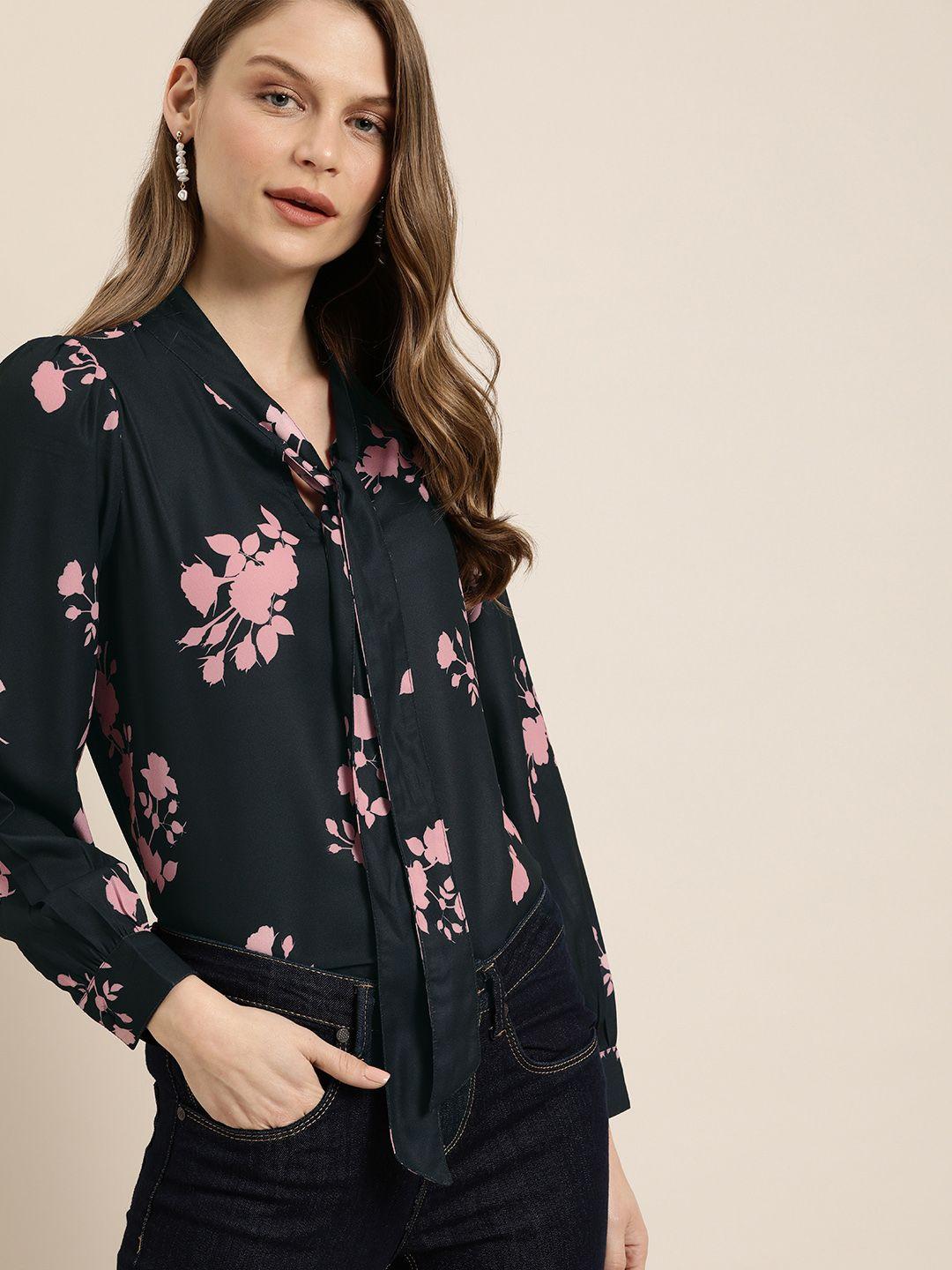 her by invictus navy blue floral cuffed sleeves top with tie-up neck