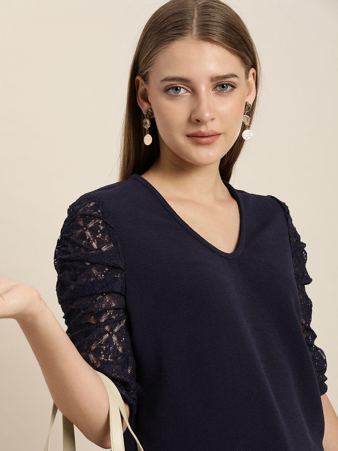 her by invictus navy blue puffed lace sleeves top