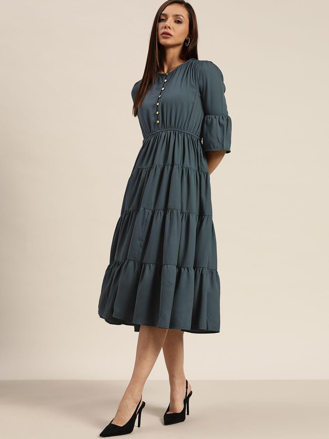 her by invictus navy blue solid tiered a-line midi dress